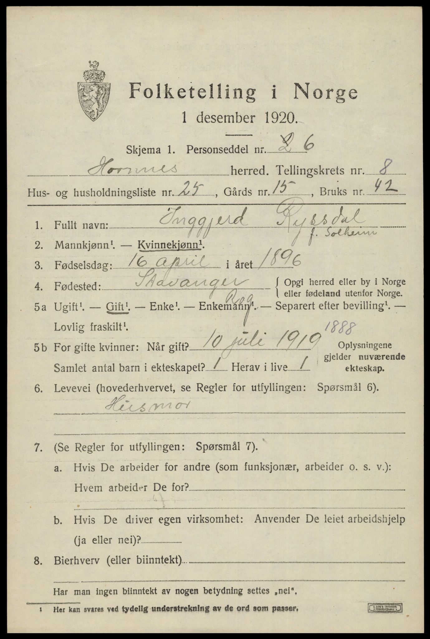 SAK, 1920 census for Hornnes, 1920, p. 2185