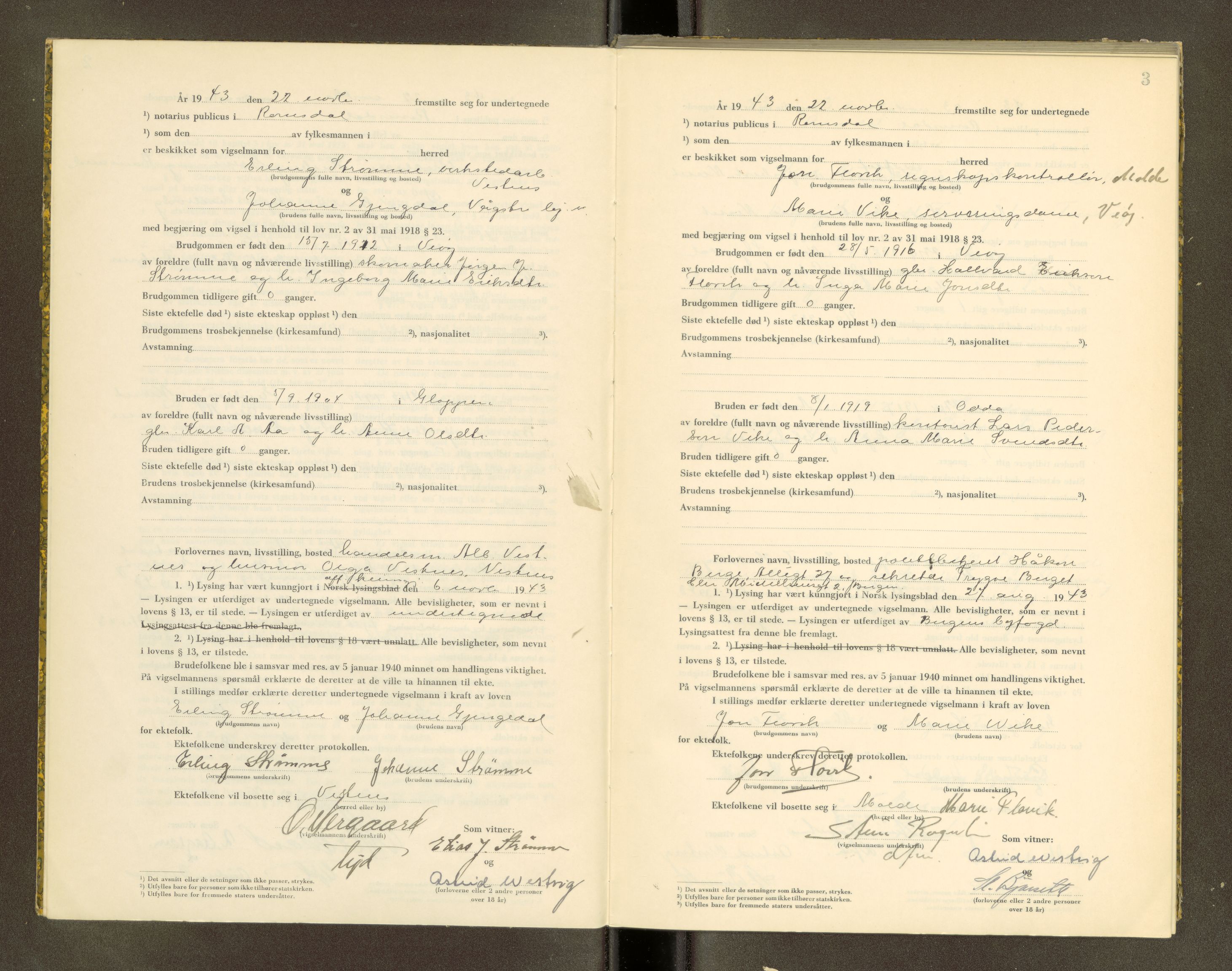 Romsdal sorenskriveri, AV/SAT-A-4149/1/6/6D/L0007: Vigselbok, 1943-1944, p. 3