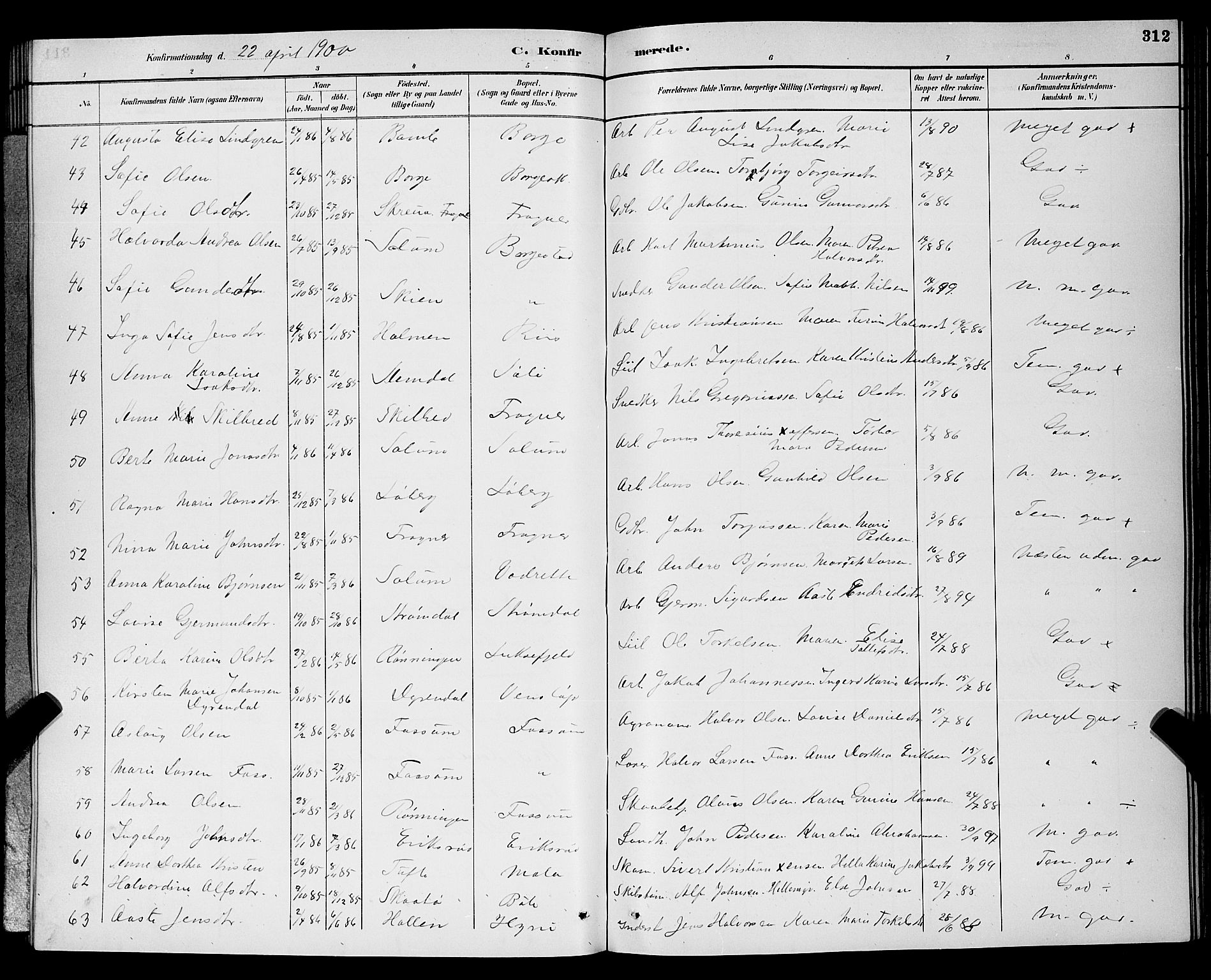 Gjerpen kirkebøker, AV/SAKO-A-265/G/Ga/L0002: Parish register (copy) no. I 2, 1883-1900, p. 312