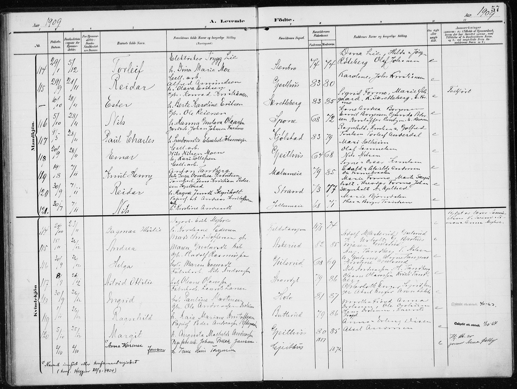 Modum kirkebøker, SAKO/A-234/F/Fa/L0014a: Parish register (official) no. 14A, 1906-1918, p. 57