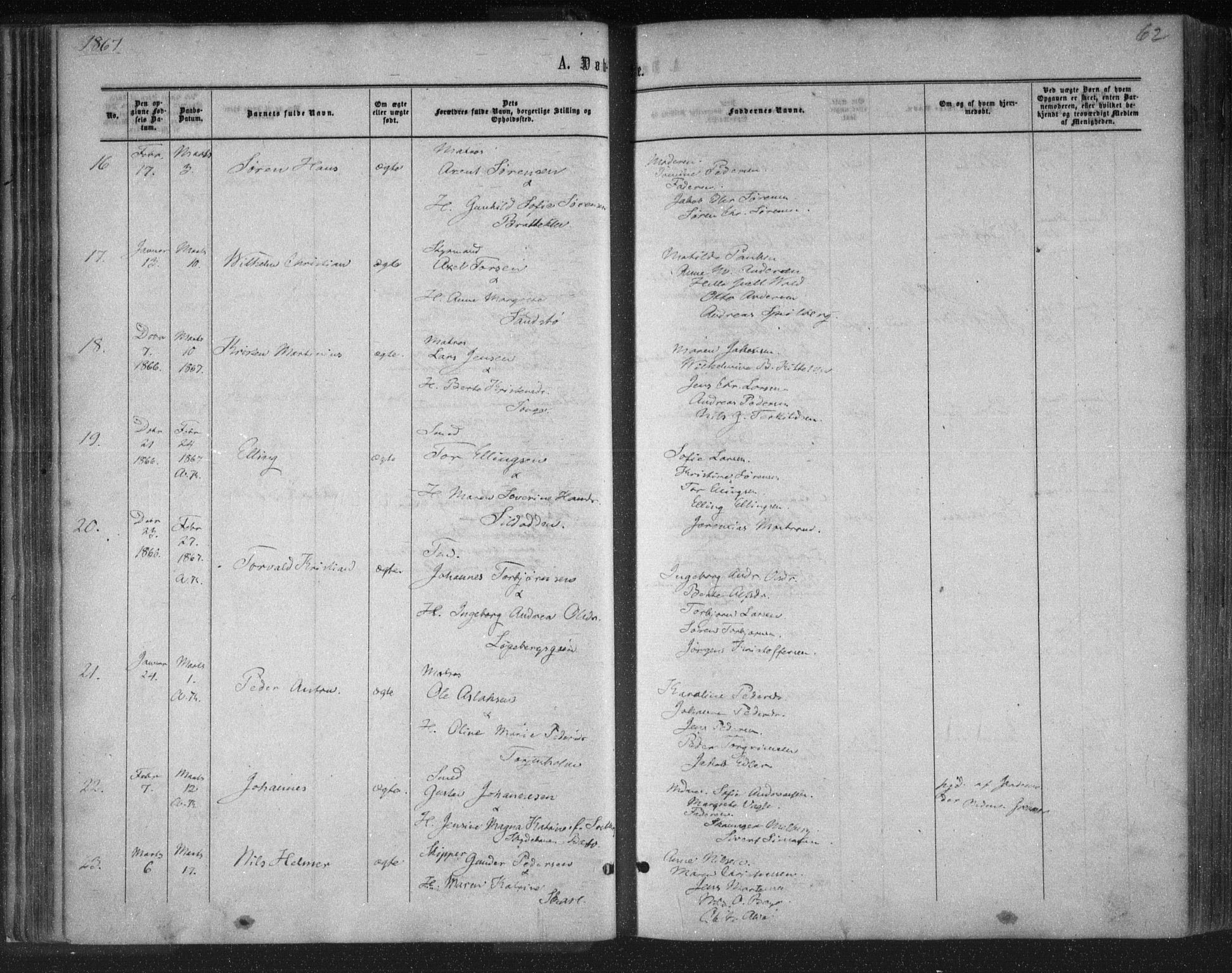 Tromøy sokneprestkontor, SAK/1111-0041/F/Fa/L0007: Parish register (official) no. A 7, 1864-1869, p. 62