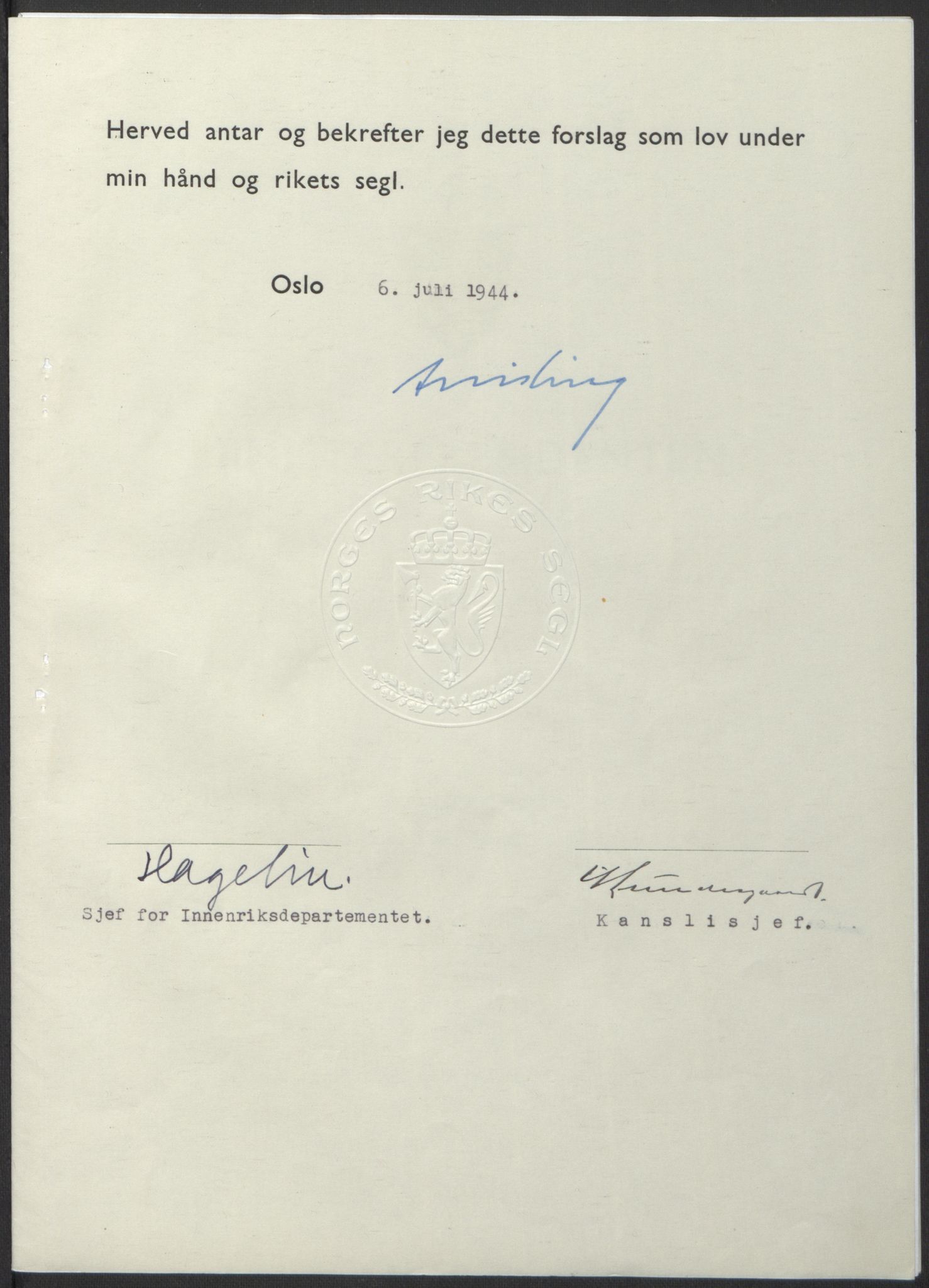 NS-administrasjonen 1940-1945 (Statsrådsekretariatet, de kommisariske statsråder mm), AV/RA-S-4279/D/Db/L0100: Lover, 1944, p. 349