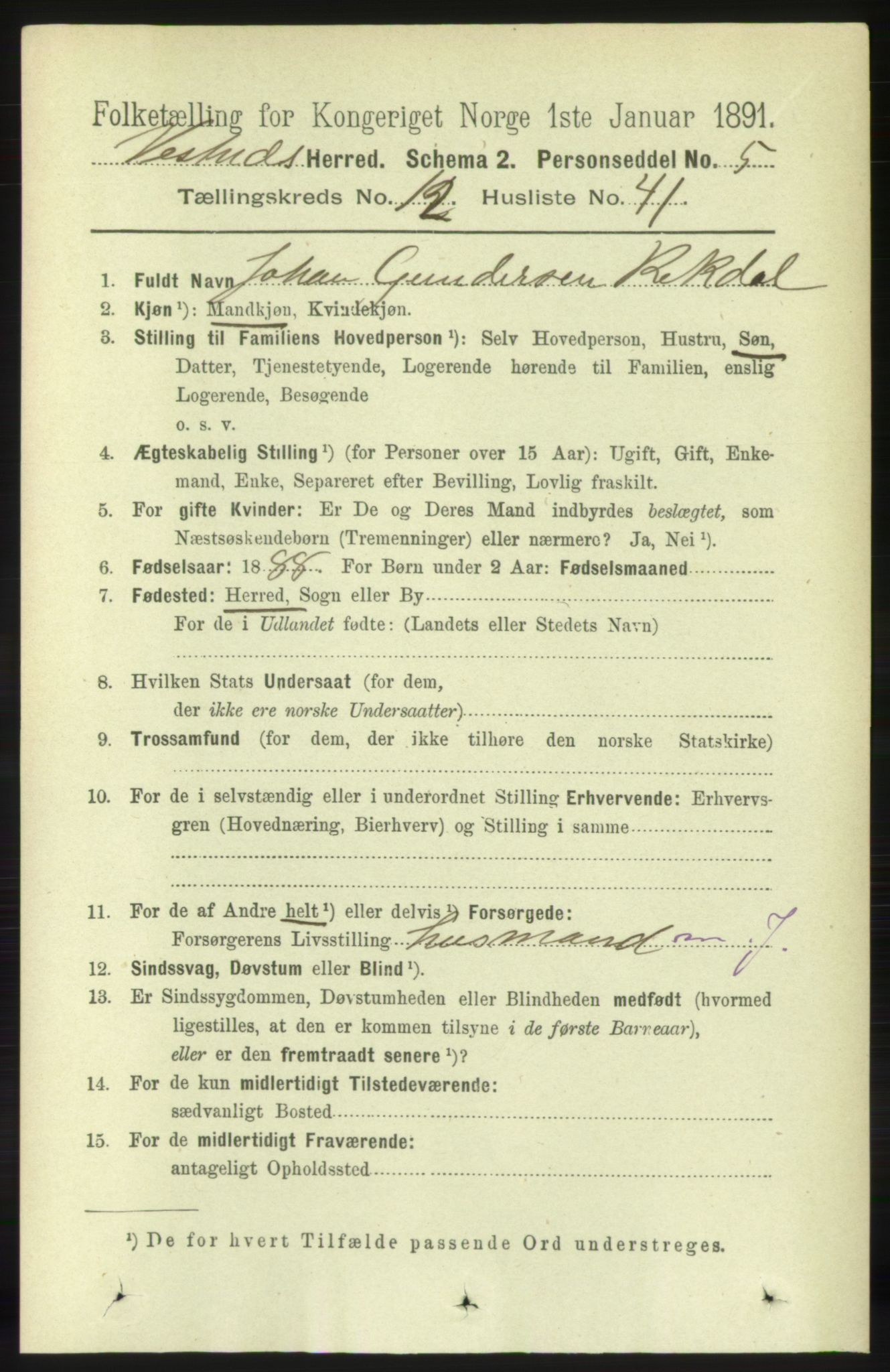 RA, 1891 census for 1535 Vestnes, 1891, p. 4648