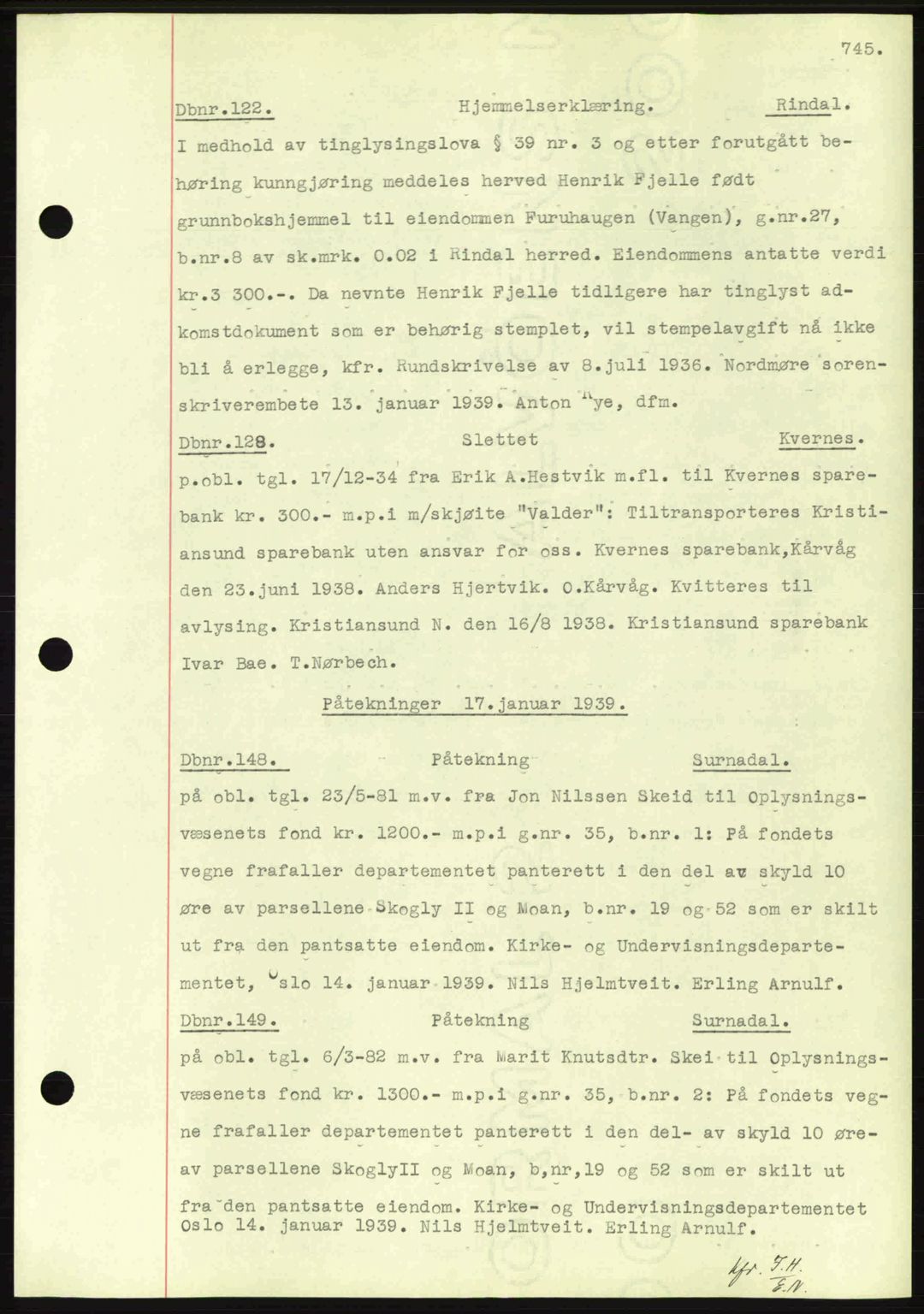 Nordmøre sorenskriveri, AV/SAT-A-4132/1/2/2Ca: Mortgage book no. C80, 1936-1939, Diary no: : 122/1939