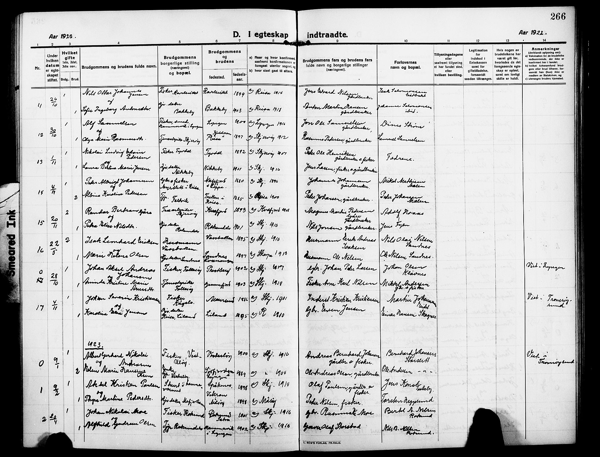 Skjervøy sokneprestkontor, SATØ/S-1300/H/Ha/Hab/L0009klokker: Parish register (copy) no. 9, 1911-1926, p. 266