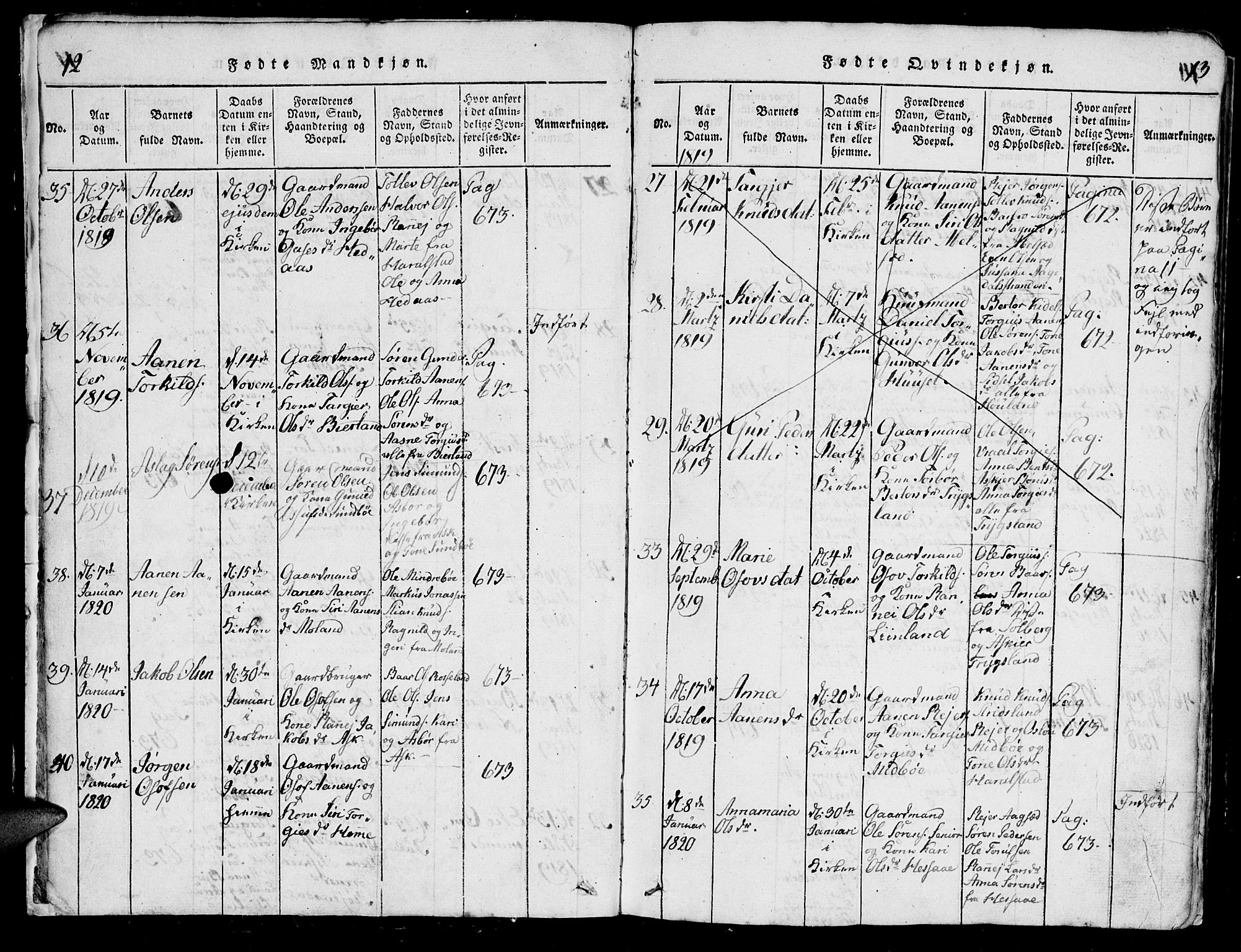 Bjelland sokneprestkontor, SAK/1111-0005/F/Fb/Fba/L0003: Parish register (copy) no. B 3, 1816-1870, p. 12-13