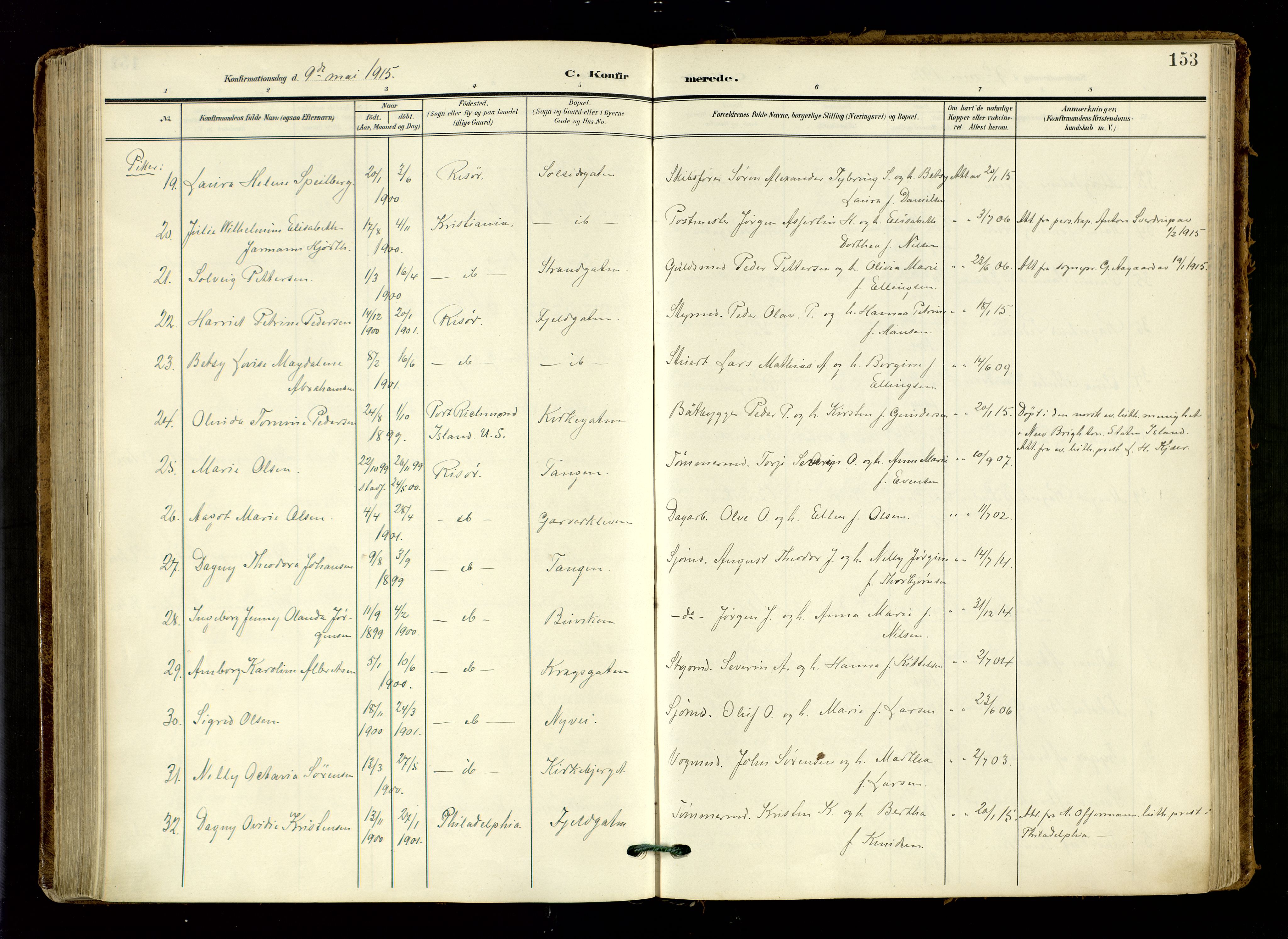 Risør sokneprestkontor, SAK/1111-0035/F/Fa/L0011: Parish register (official) no. A 11, 1907-1920, p. 153