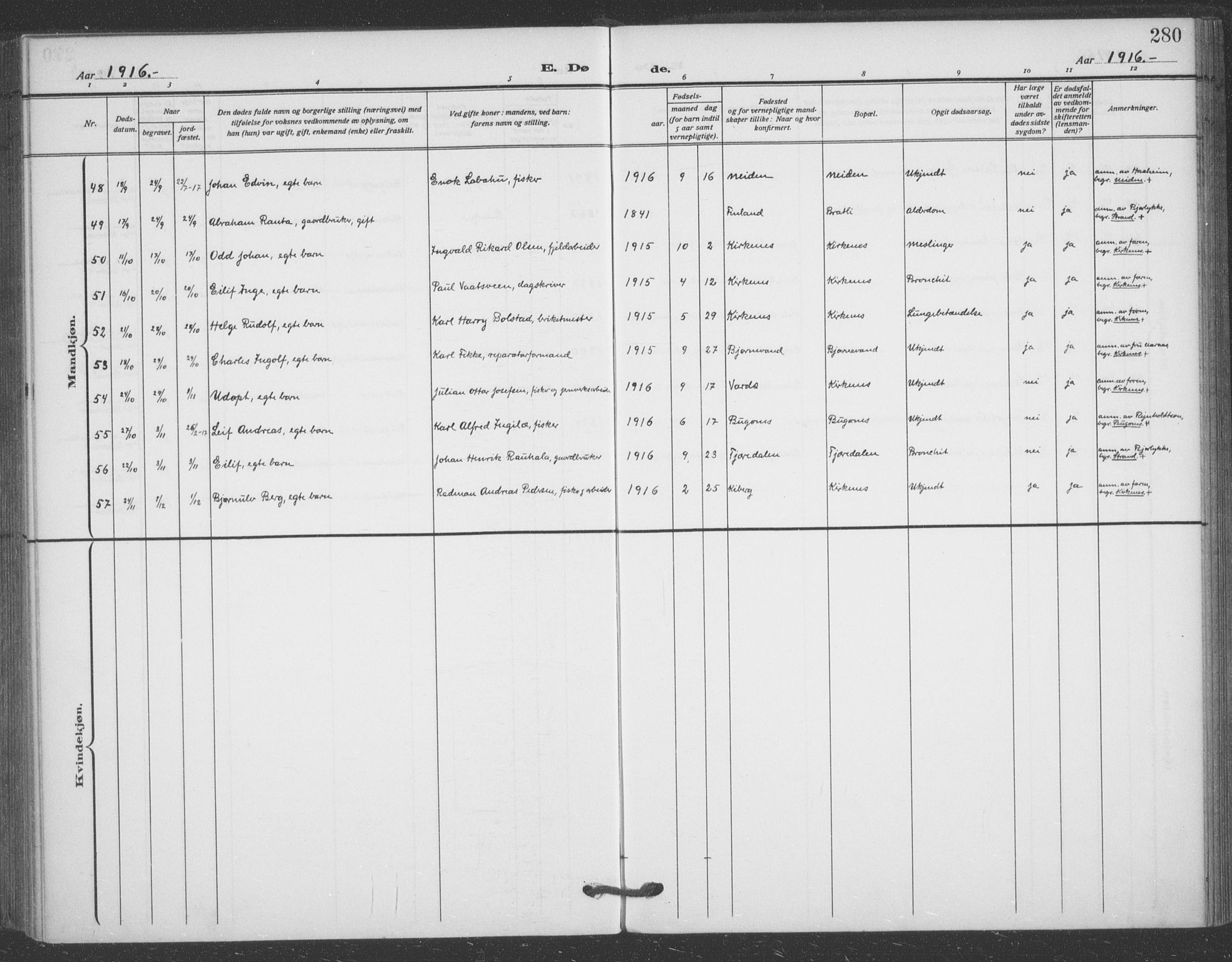 Sør-Varanger sokneprestkontor, AV/SATØ-S-1331/H/Ha/L0005kirke: Parish register (official) no. 5, 1909-1919, p. 280