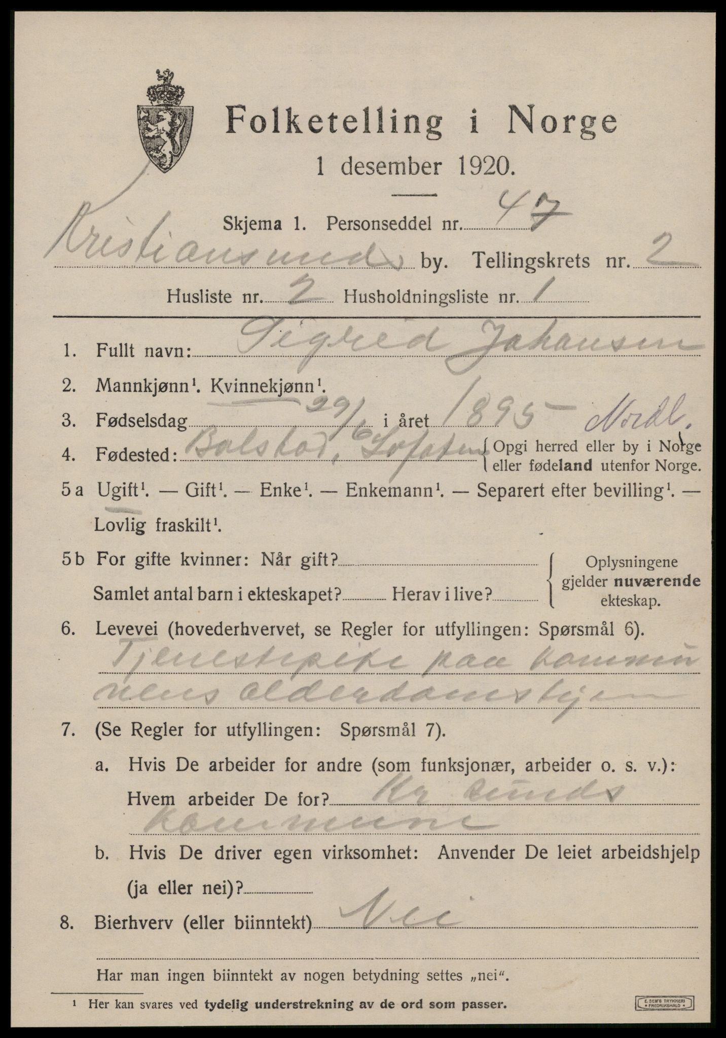 SAT, 1920 census for Kristiansund, 1920, p. 11591