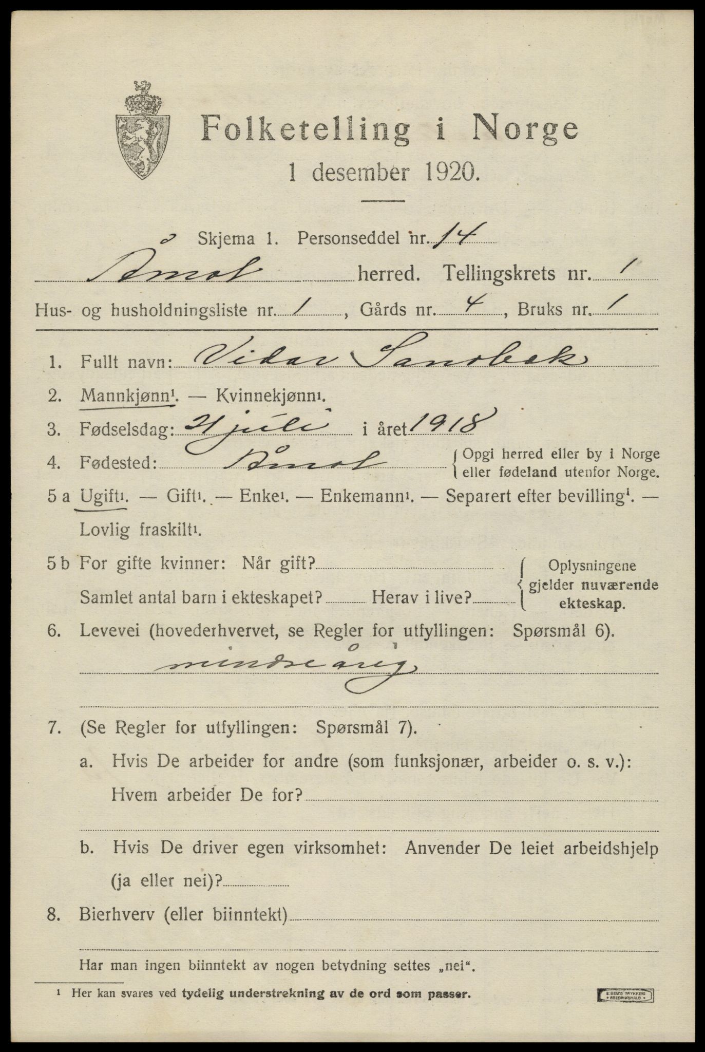 SAH, 1920 census for Åmot, 1920, p. 1613