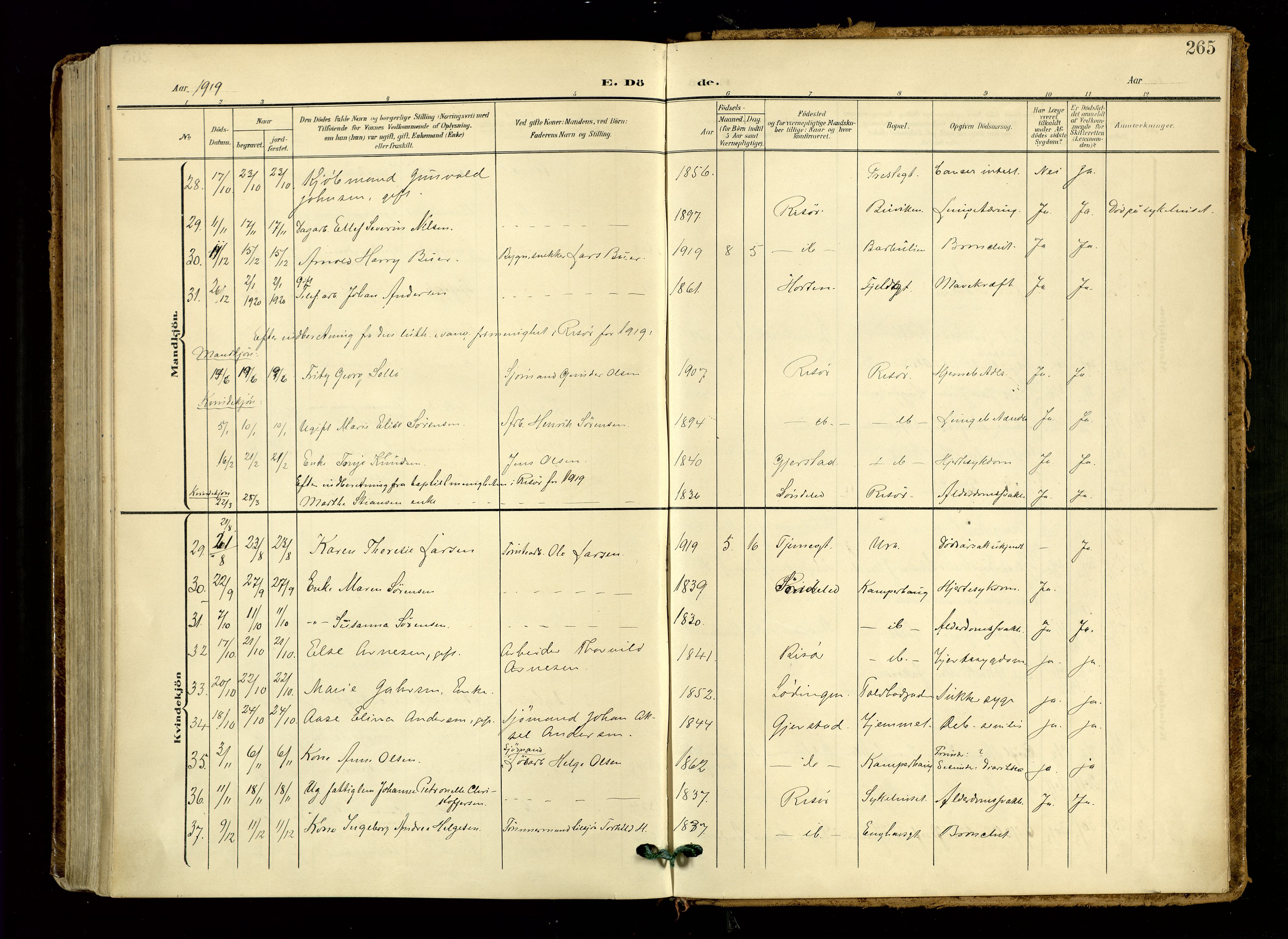 Risør sokneprestkontor, AV/SAK-1111-0035/F/Fa/L0011: Parish register (official) no. A 11, 1907-1920, p. 265