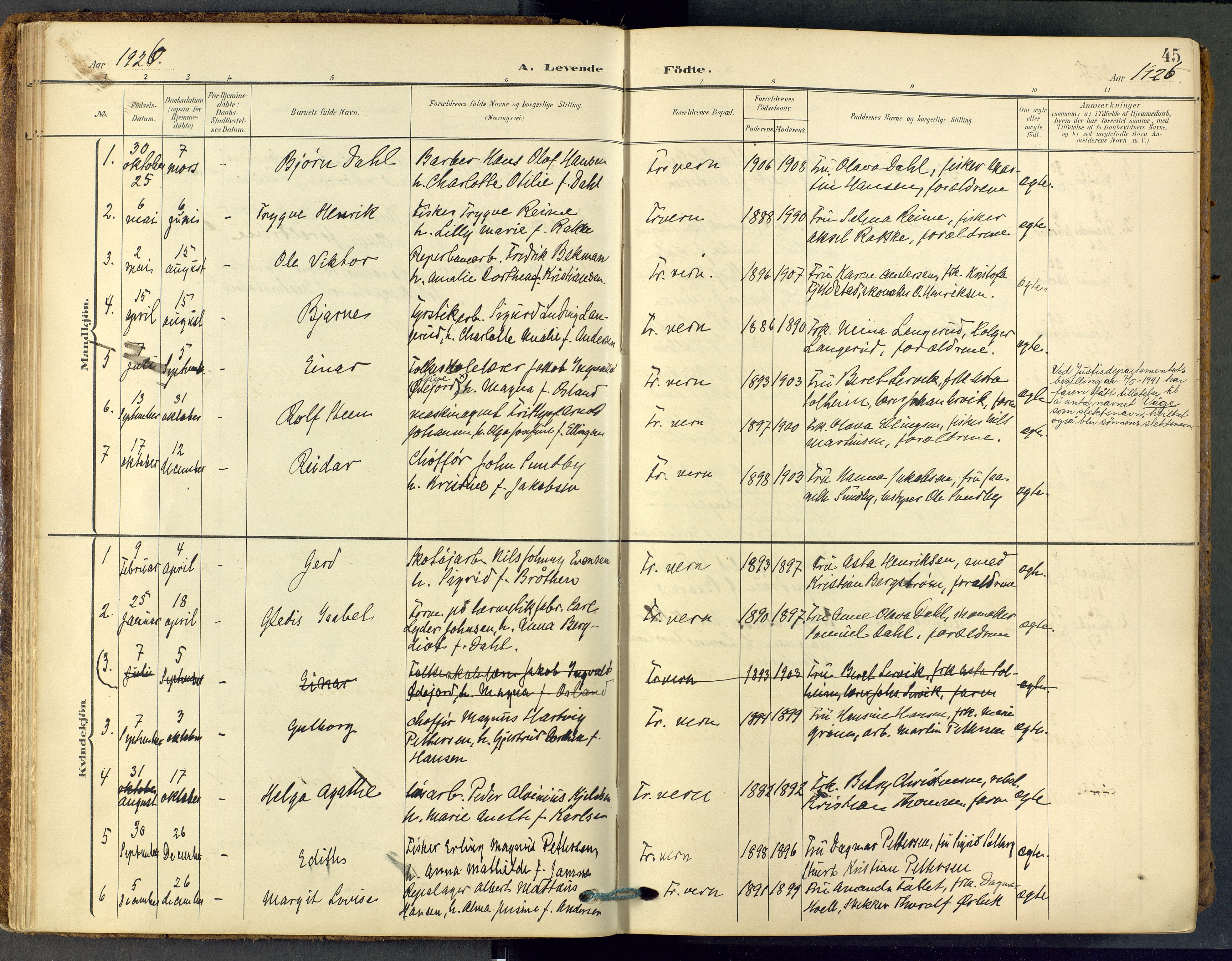 Stavern kirkebøker, AV/SAKO-A-318/F/Fa/L0009: Parish register (official) no. 9, 1906-1955, p. 45