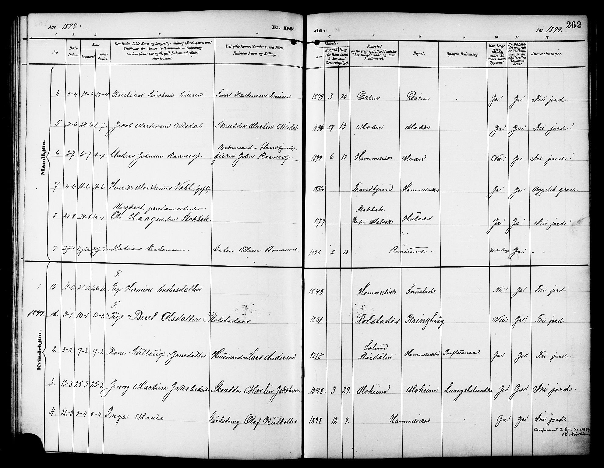 Ministerialprotokoller, klokkerbøker og fødselsregistre - Sør-Trøndelag, SAT/A-1456/617/L0431: Parish register (copy) no. 617C01, 1889-1910, p. 262