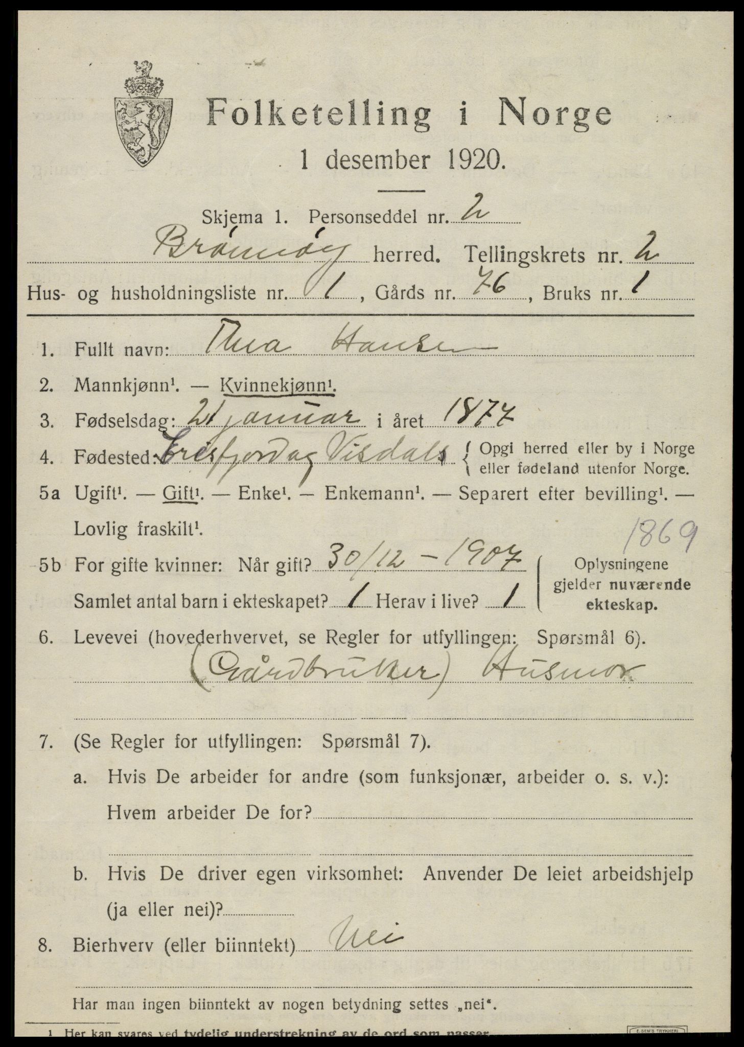 SAT, 1920 census for Brønnøy, 1920, p. 1846