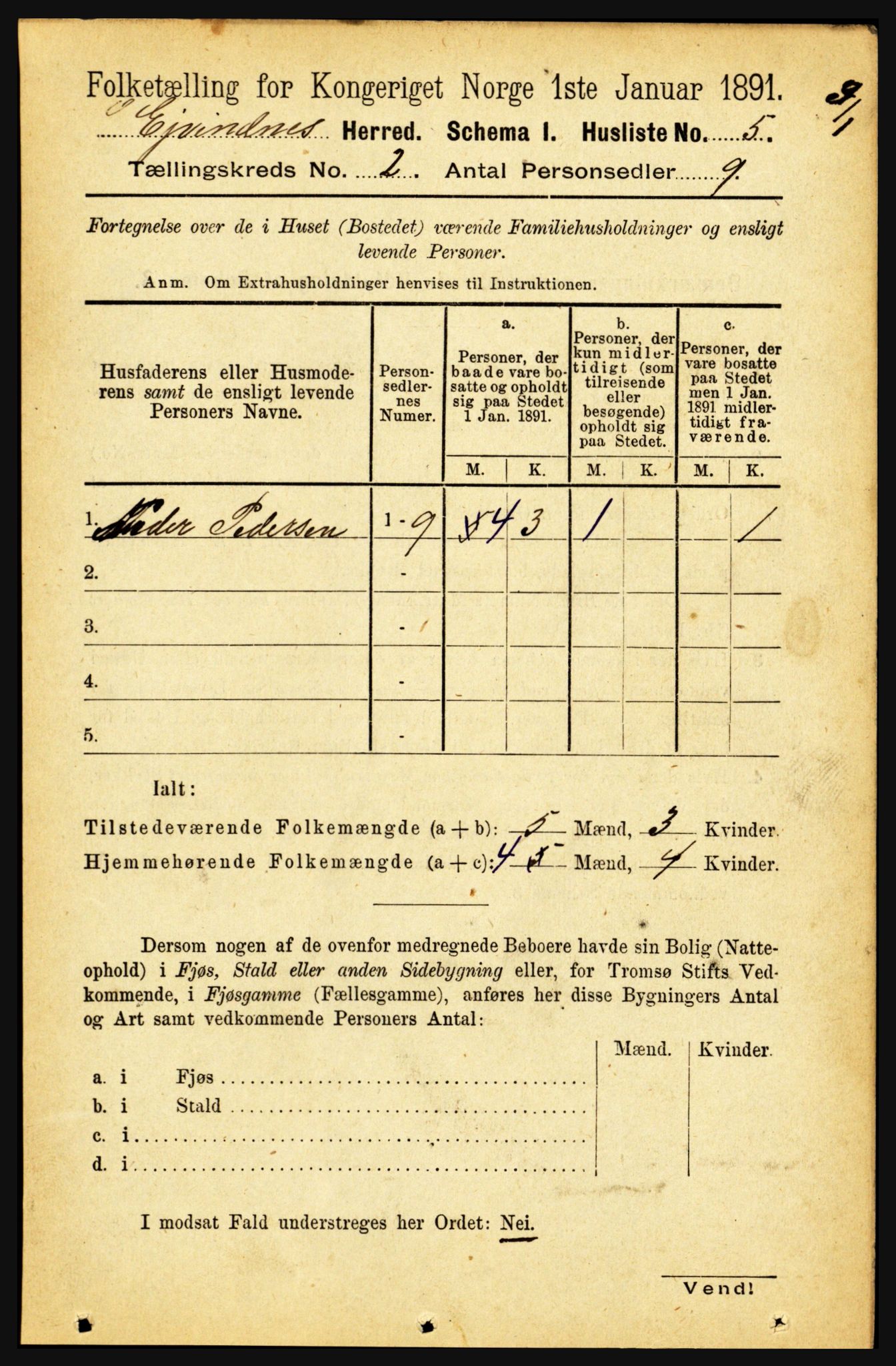 RA, 1891 census for 1853 Evenes, 1891, p. 388