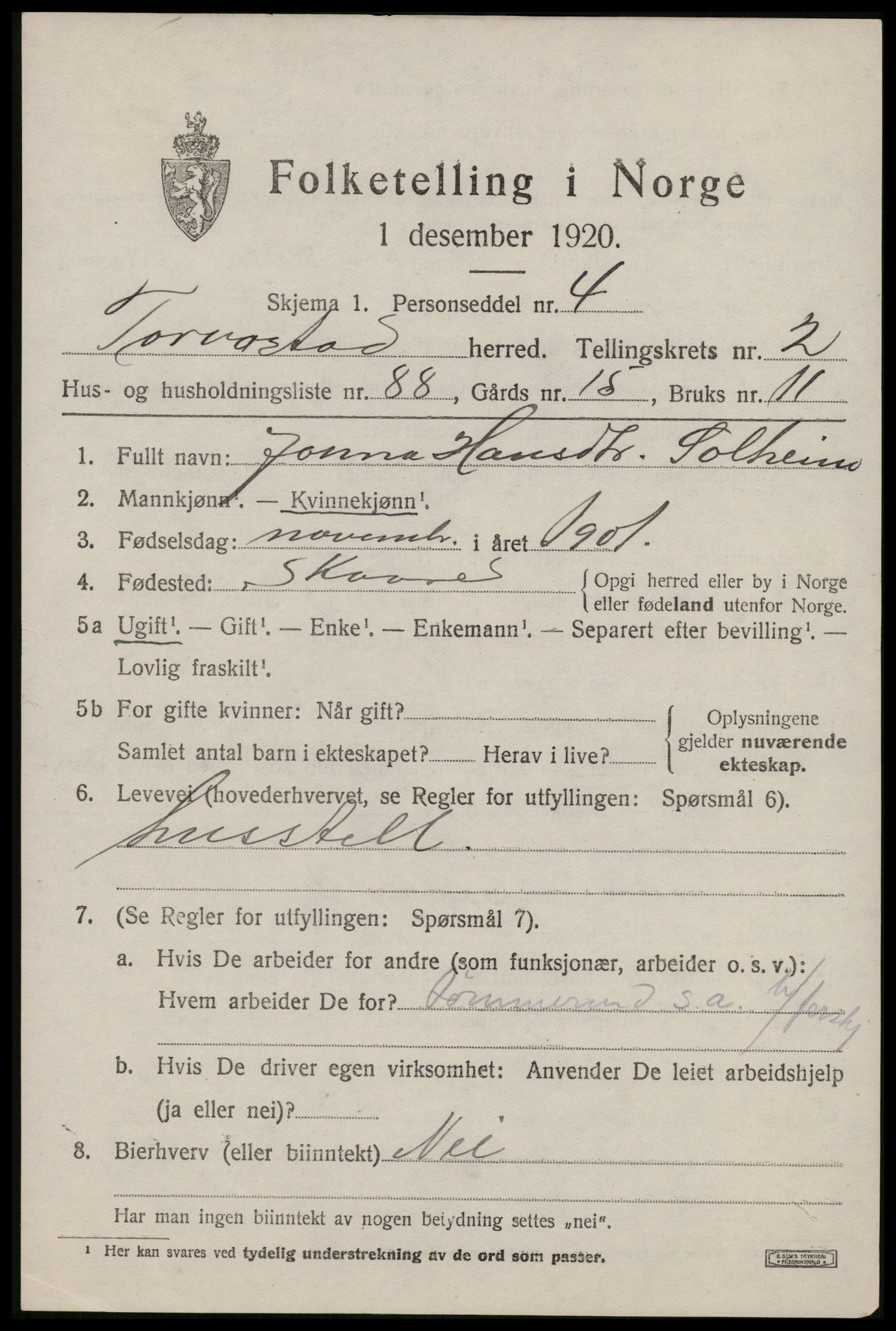 SAST, 1920 census for Torvastad, 1920, p. 2924