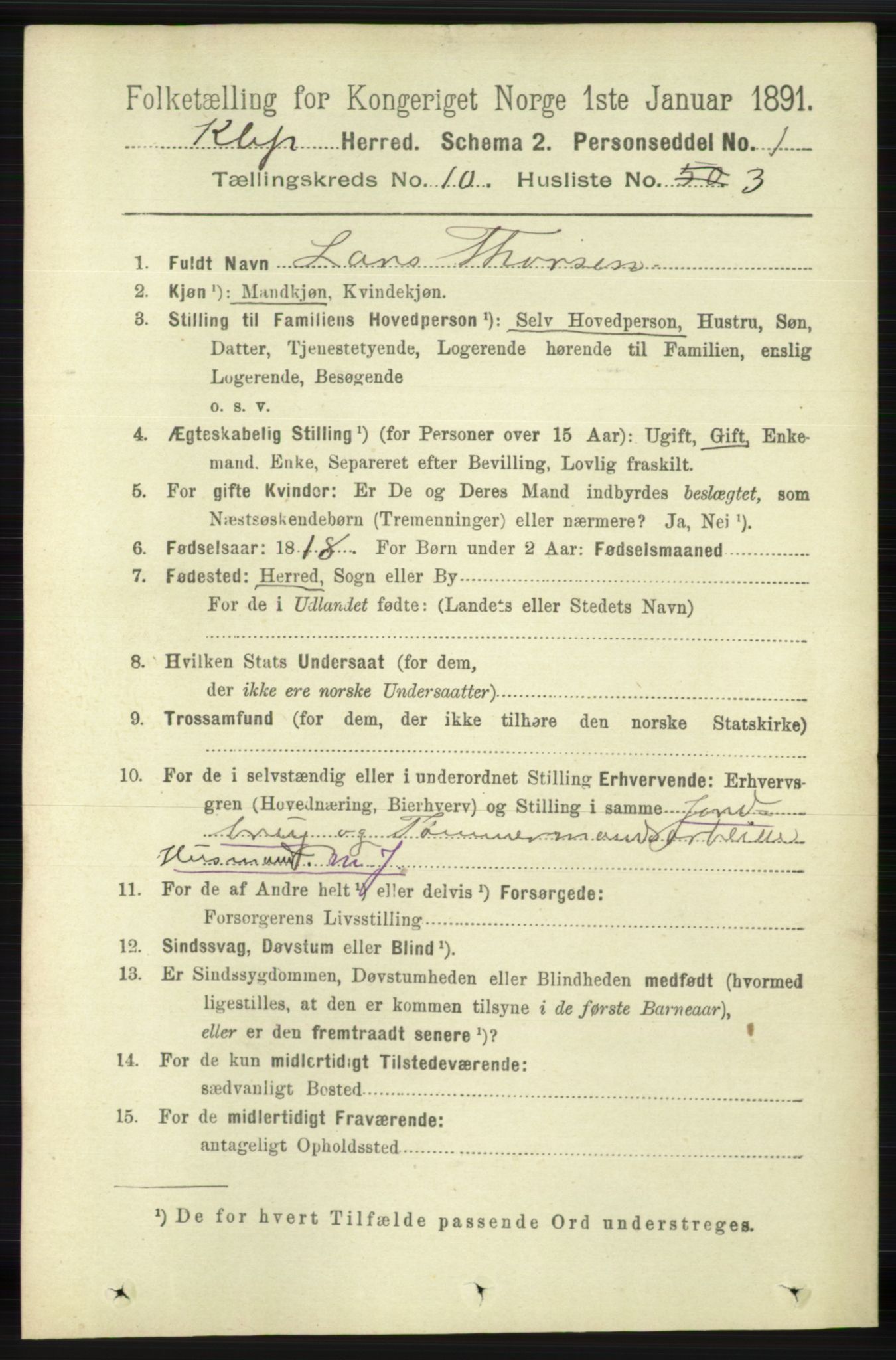 RA, 1891 census for 1120 Klepp, 1891, p. 2868