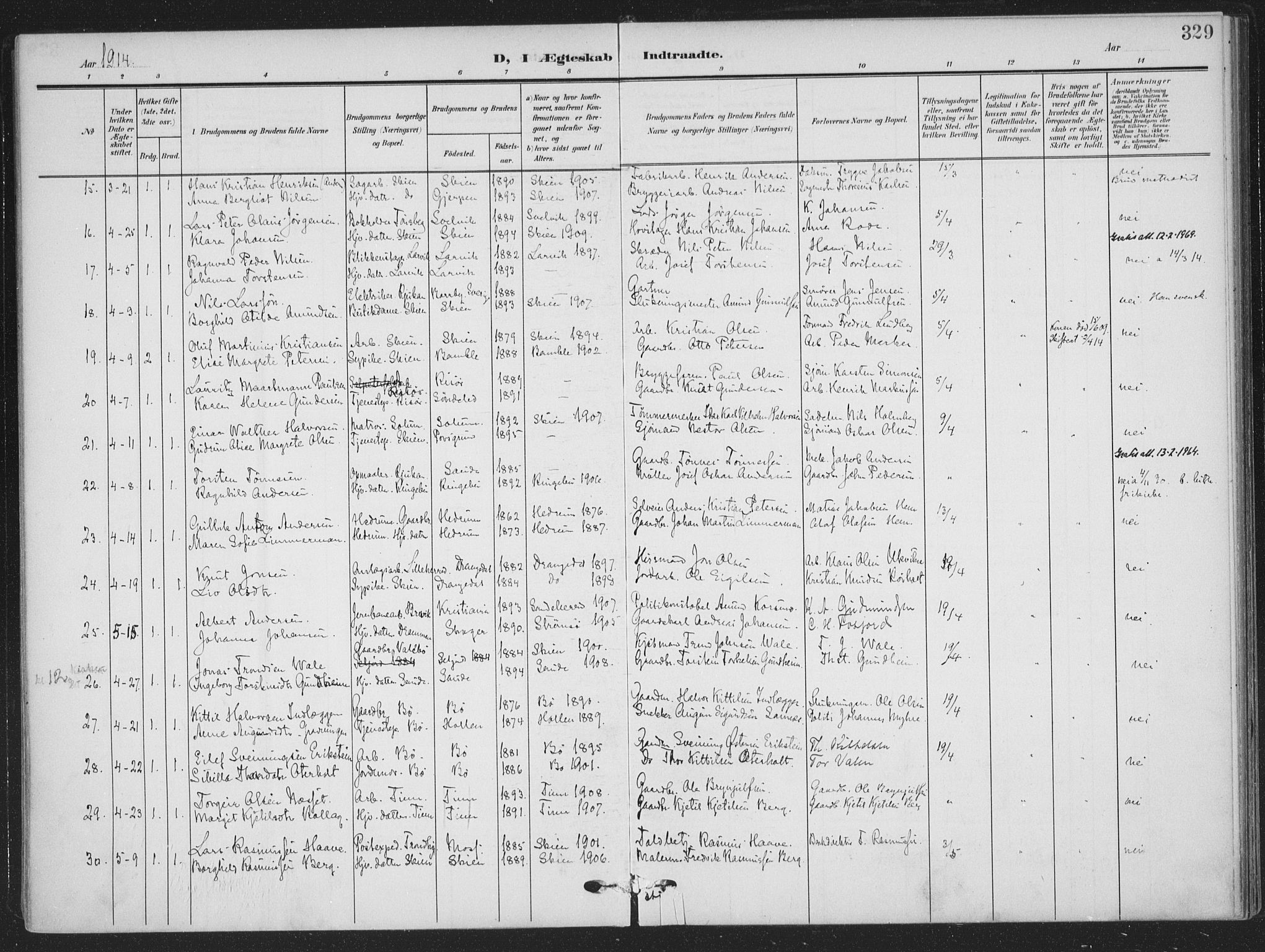 Skien kirkebøker, AV/SAKO-A-302/F/Fa/L0012: Parish register (official) no. 12, 1908-1914, p. 329