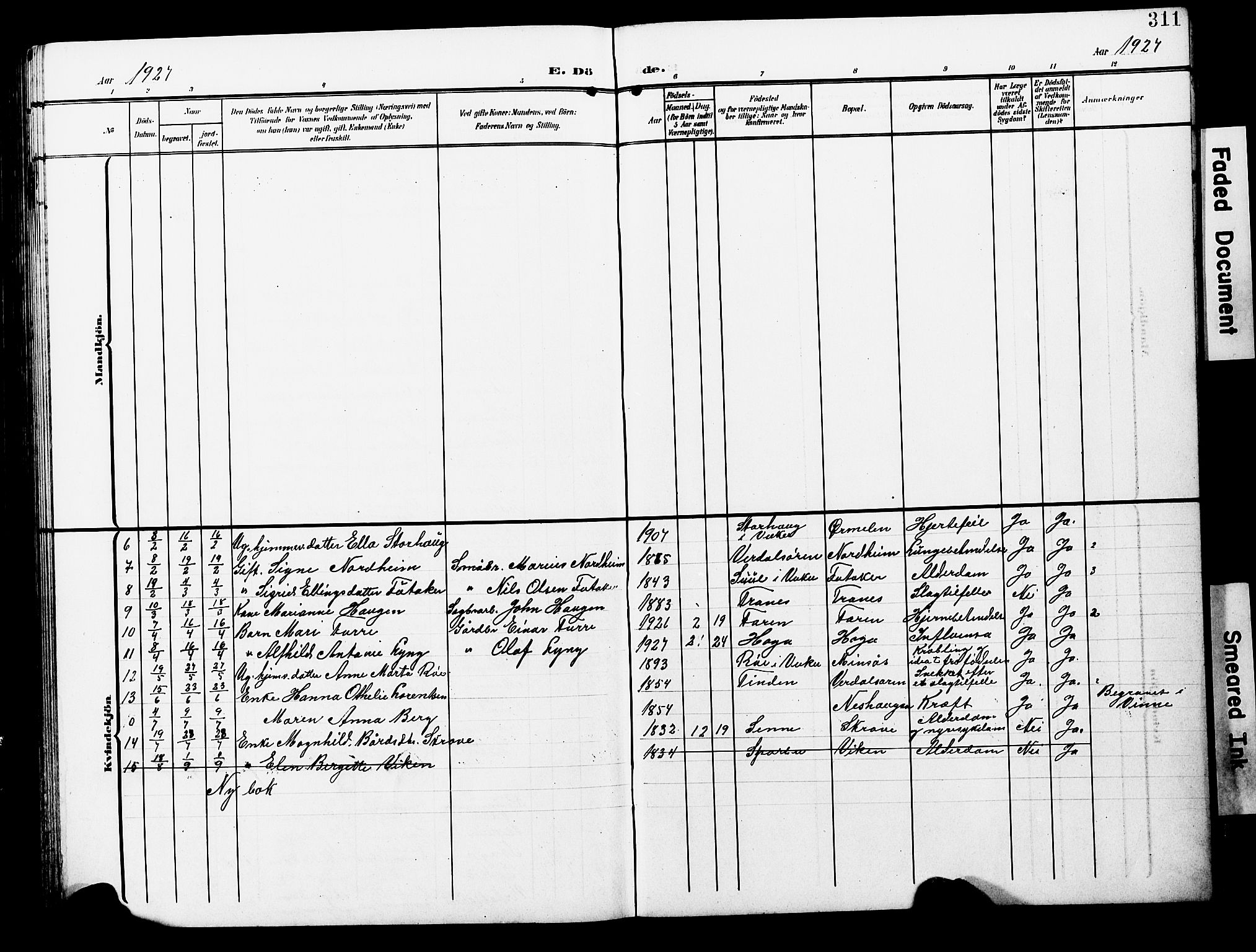 Ministerialprotokoller, klokkerbøker og fødselsregistre - Nord-Trøndelag, SAT/A-1458/723/L0258: Parish register (copy) no. 723C06, 1908-1927, p. 311