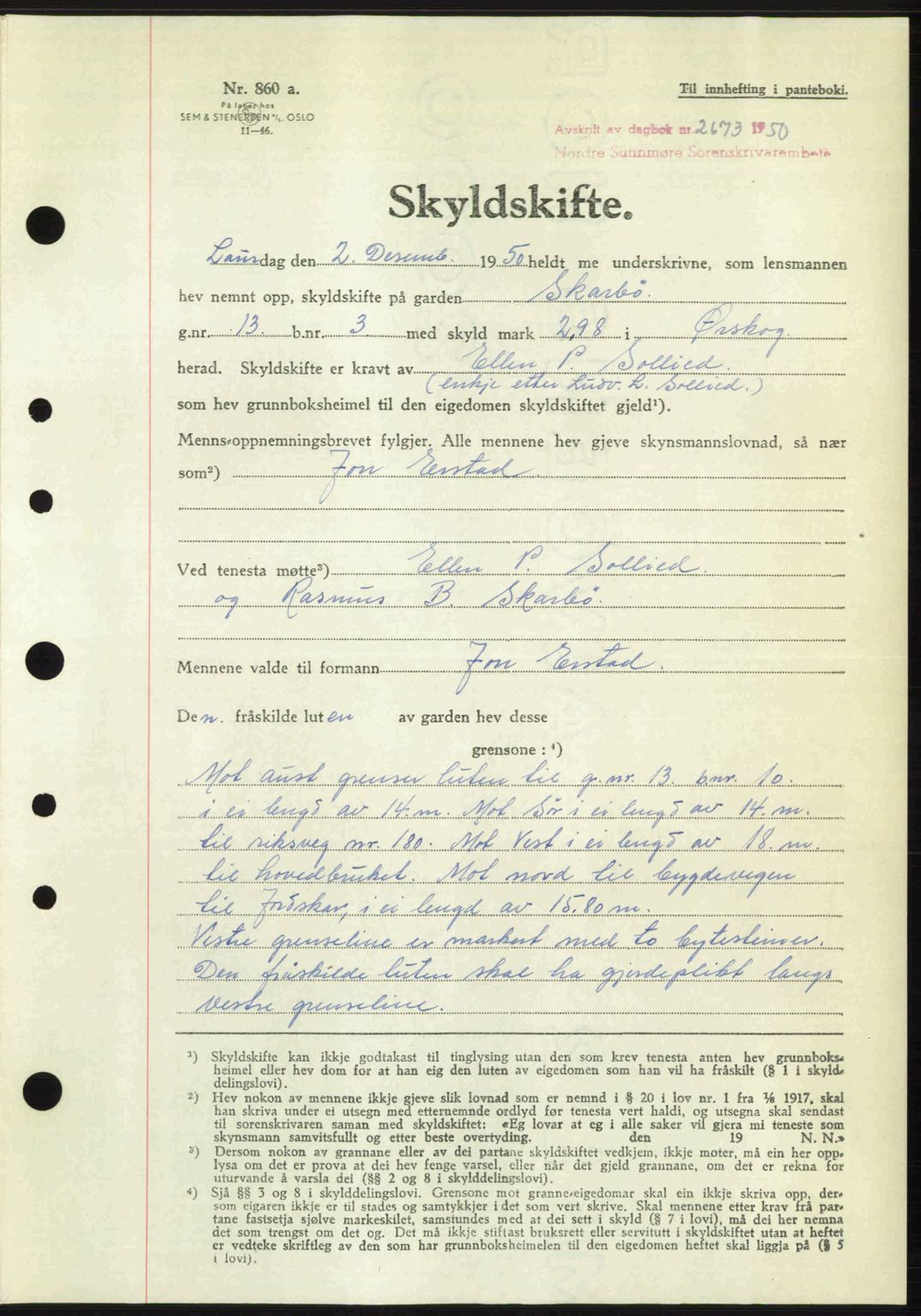 Nordre Sunnmøre sorenskriveri, AV/SAT-A-0006/1/2/2C/2Ca: Mortgage book no. A36, 1950-1950, Diary no: : 2673/1950