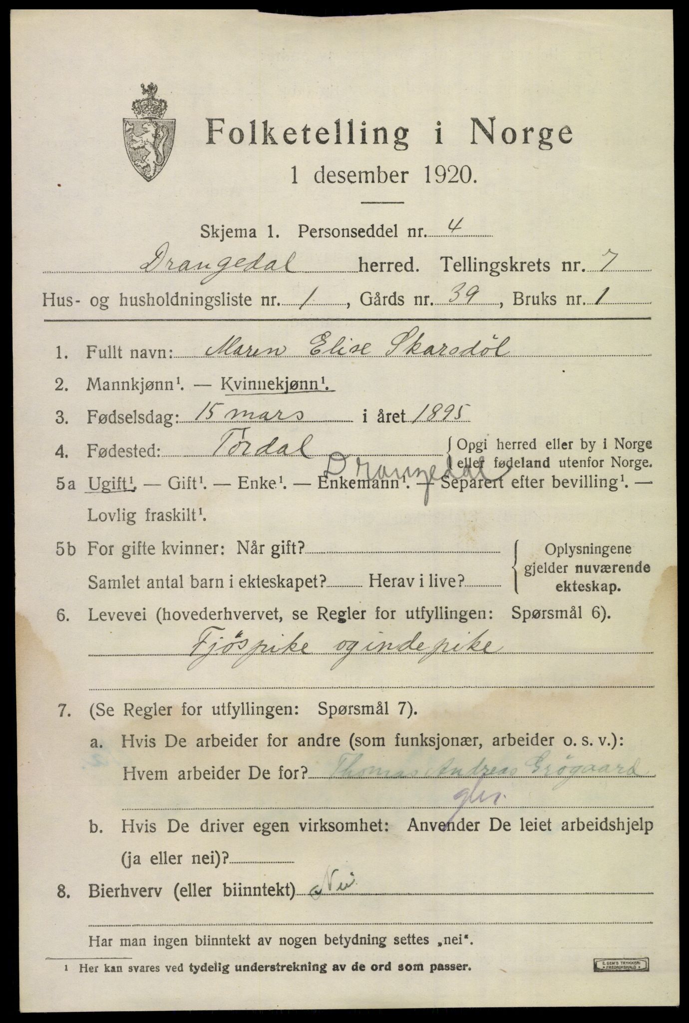 SAKO, 1920 census for Drangedal, 1920, p. 4477