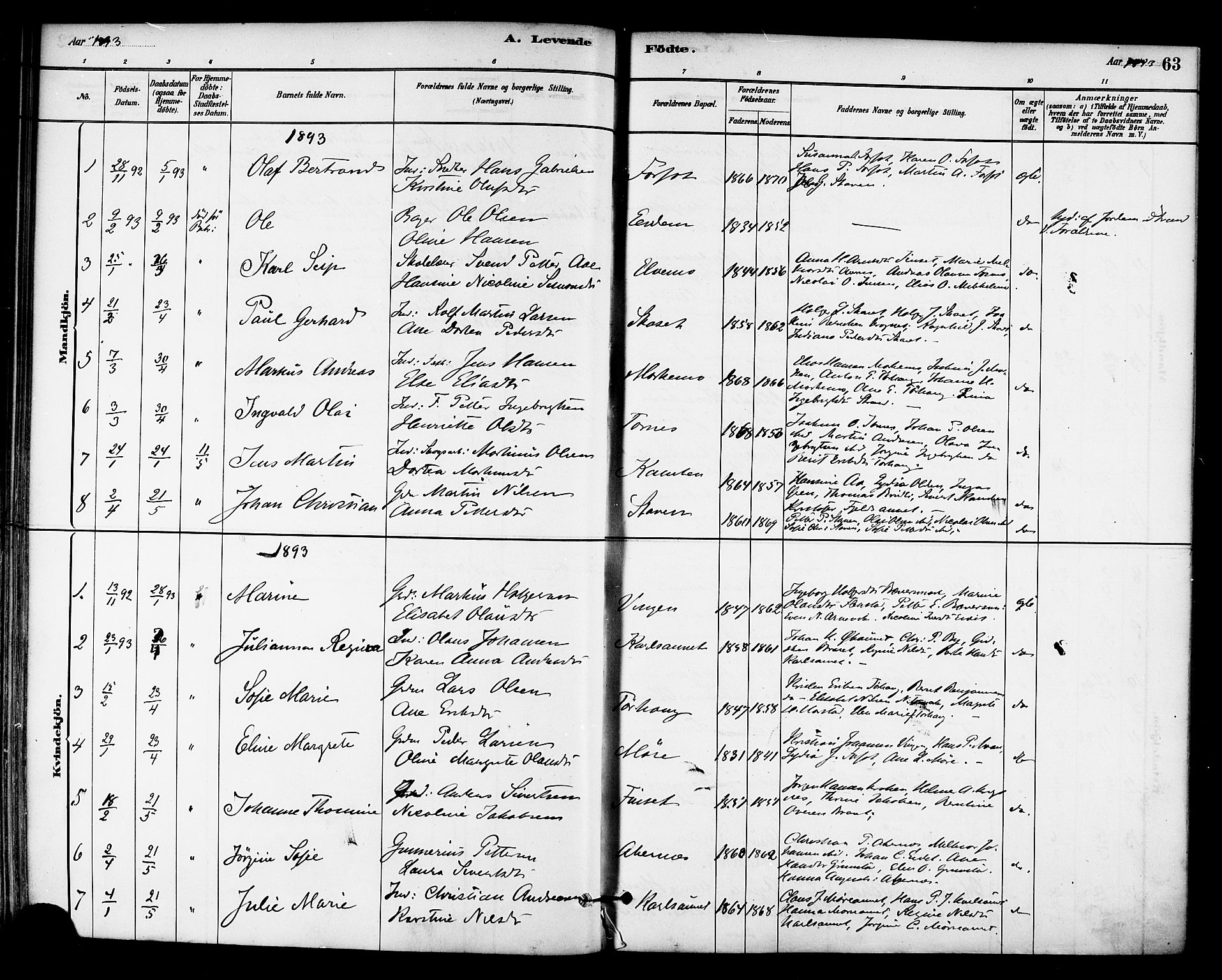 Ministerialprotokoller, klokkerbøker og fødselsregistre - Sør-Trøndelag, SAT/A-1456/655/L0680: Parish register (official) no. 655A09, 1880-1894, p. 63