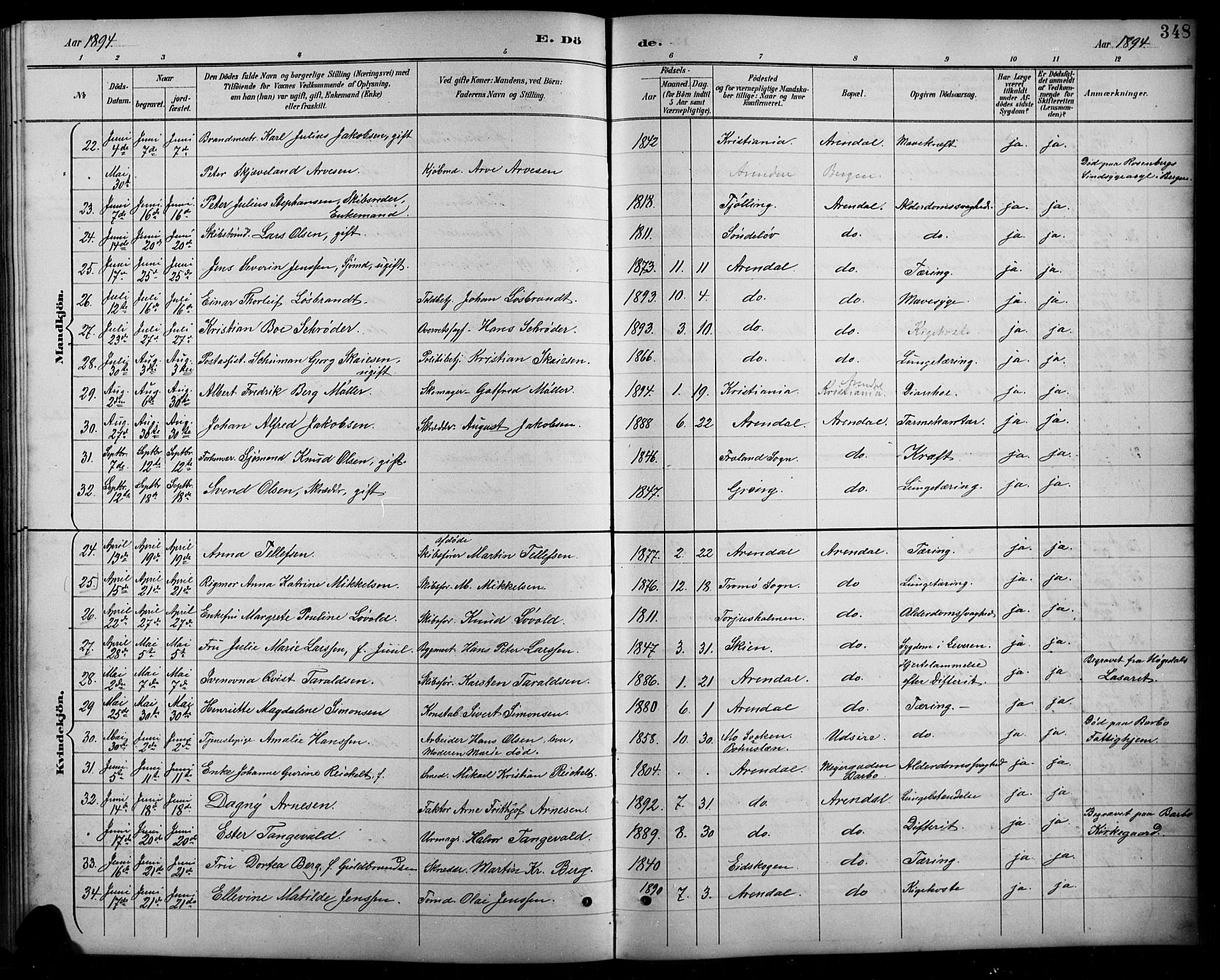 Arendal sokneprestkontor, Trefoldighet, SAK/1111-0040/F/Fb/L0006: Parish register (copy) no. B 6, 1889-1916, p. 348