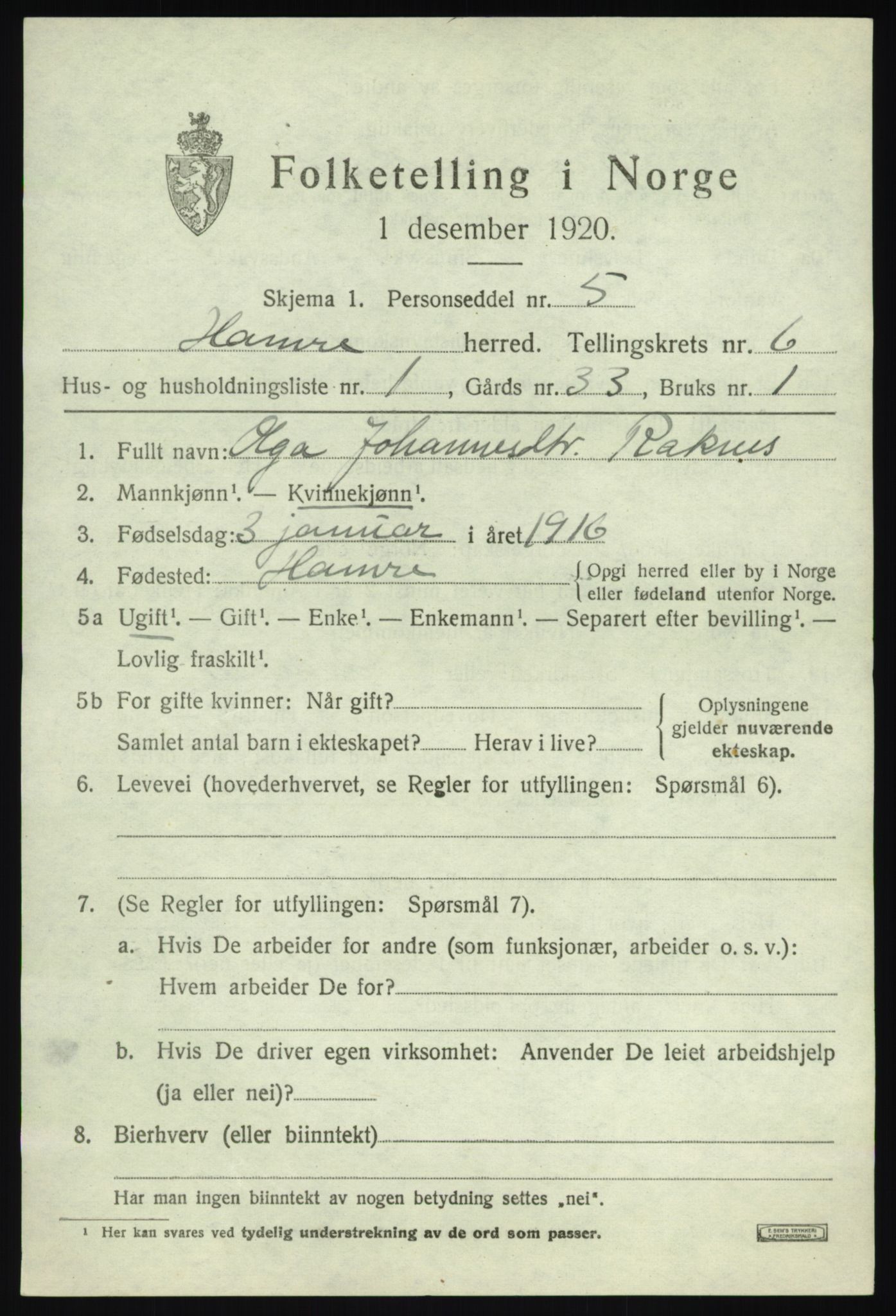 SAB, 1920 census for Hamre, 1920, p. 3457
