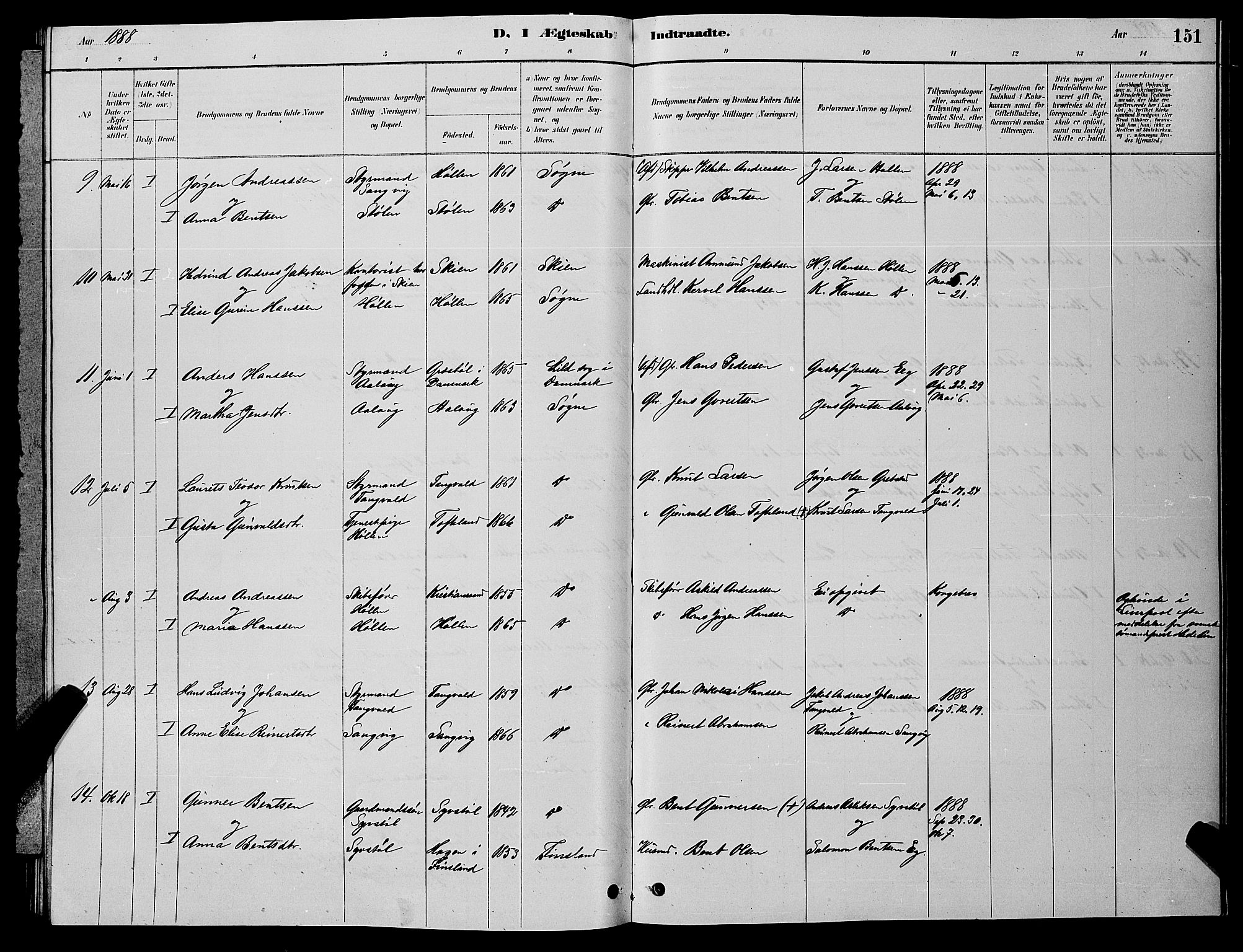 Søgne sokneprestkontor, SAK/1111-0037/F/Fb/Fbb/L0005: Parish register (copy) no. B 5, 1884-1891, p. 151