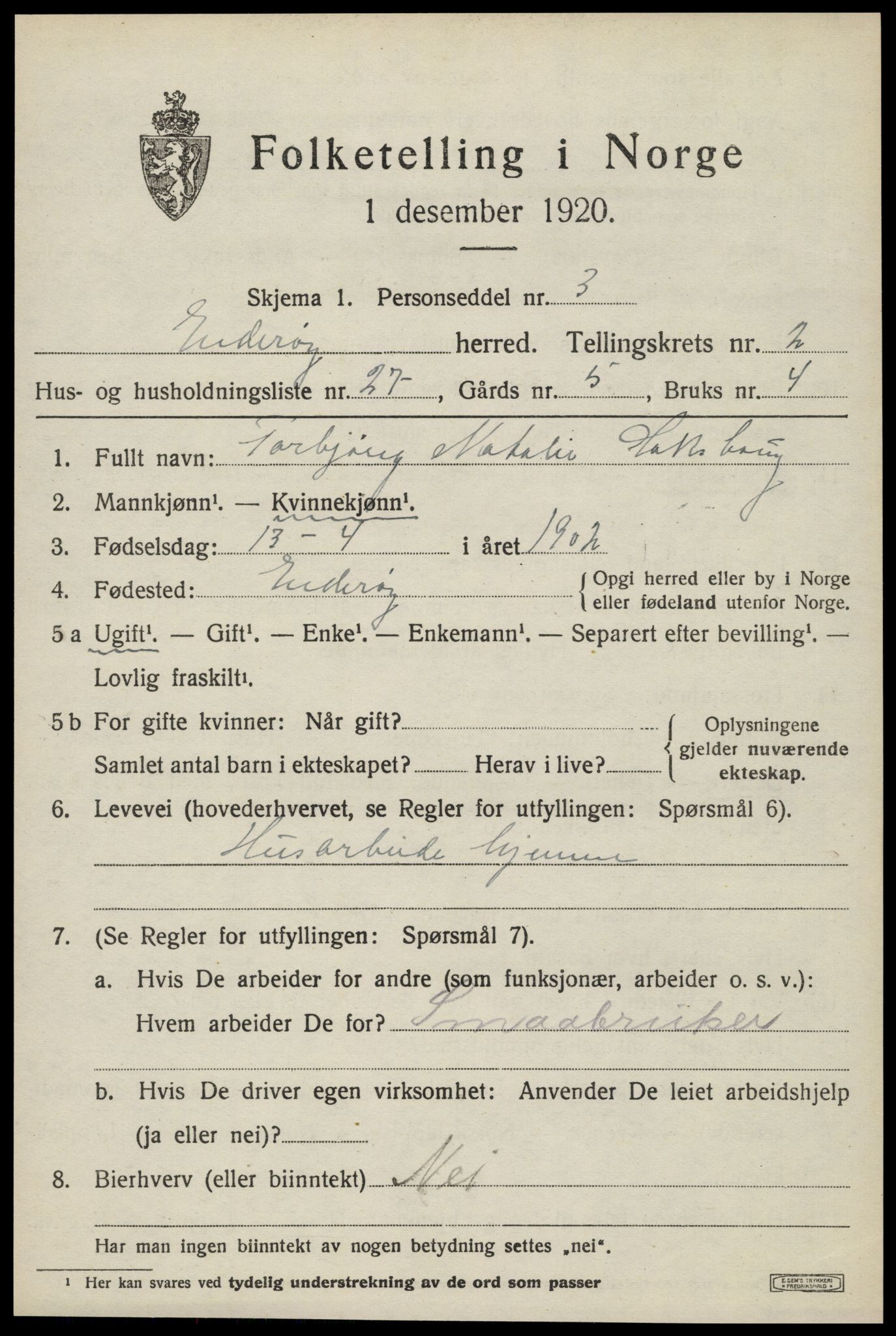 SAT, 1920 census for Inderøy, 1920, p. 2131