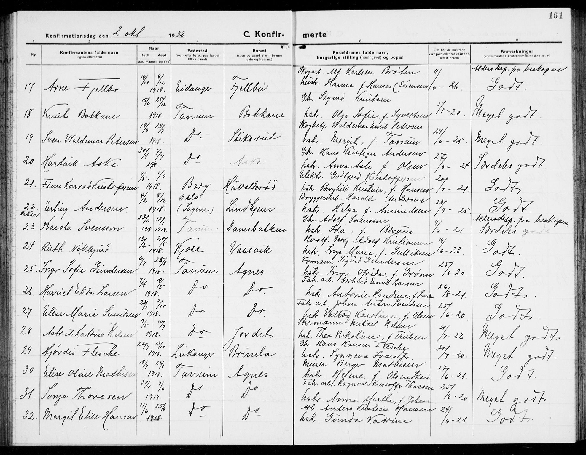 Brunlanes kirkebøker, SAKO/A-342/G/Ga/L0005: Parish register (copy) no. I 5, 1918-1941, p. 161