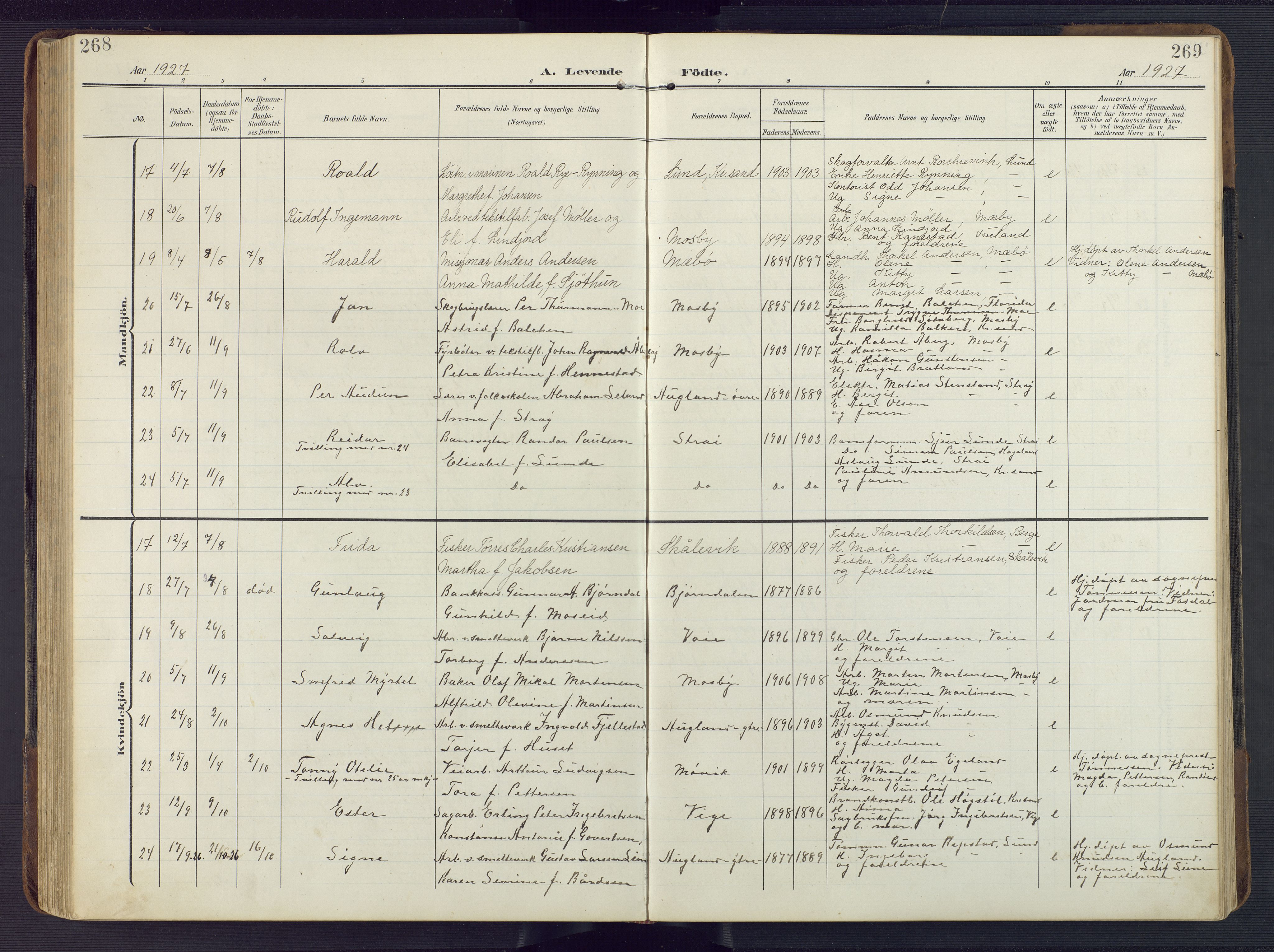 Oddernes sokneprestkontor, SAK/1111-0033/F/Fb/Fba/L0010: Parish register (copy) no. B 10, 1907-1941, p. 268-269