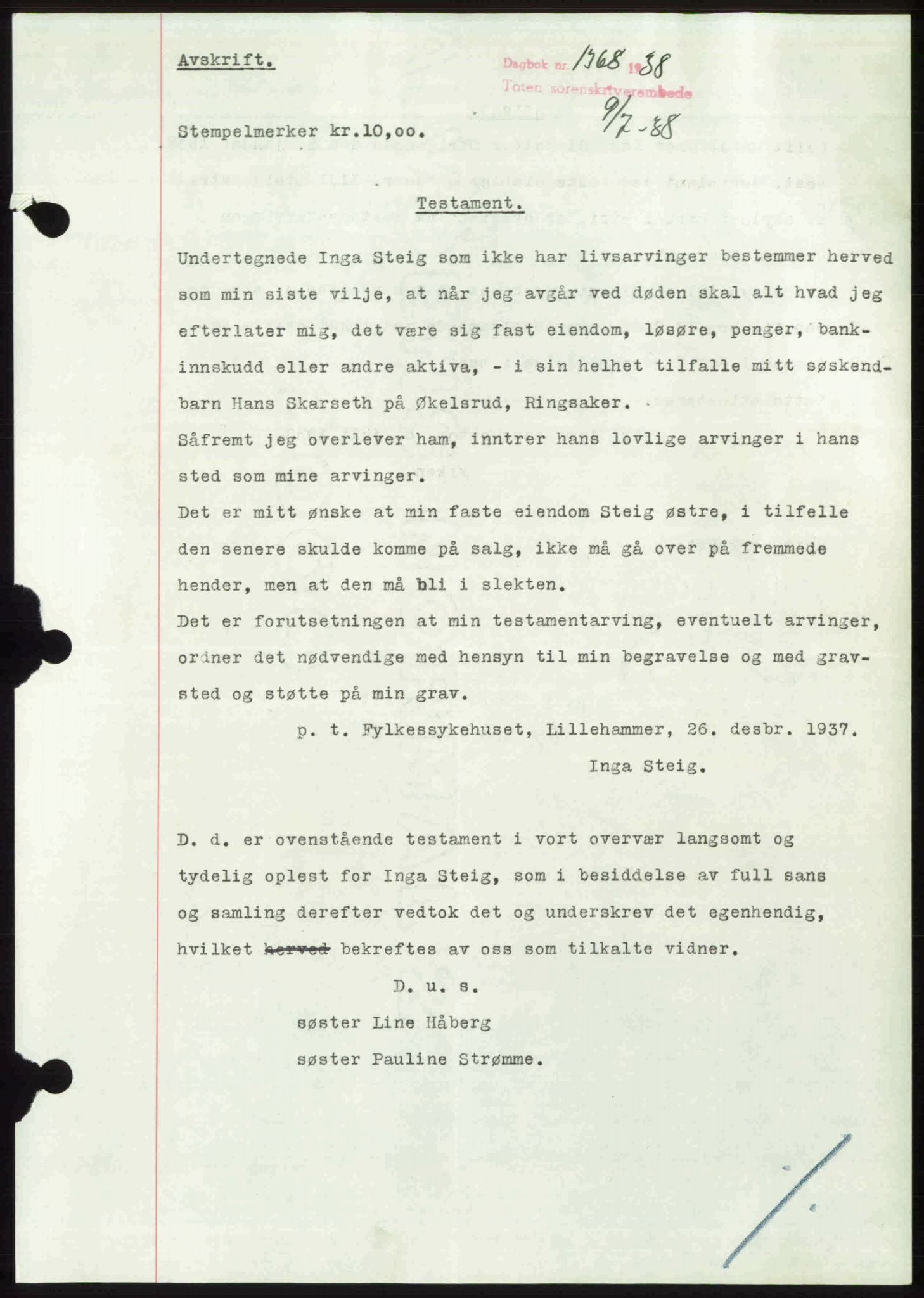 Toten tingrett, SAH/TING-006/H/Hb/Hbc/L0004: Mortgage book no. Hbc-04, 1938-1938, Diary no: : 1368/1938
