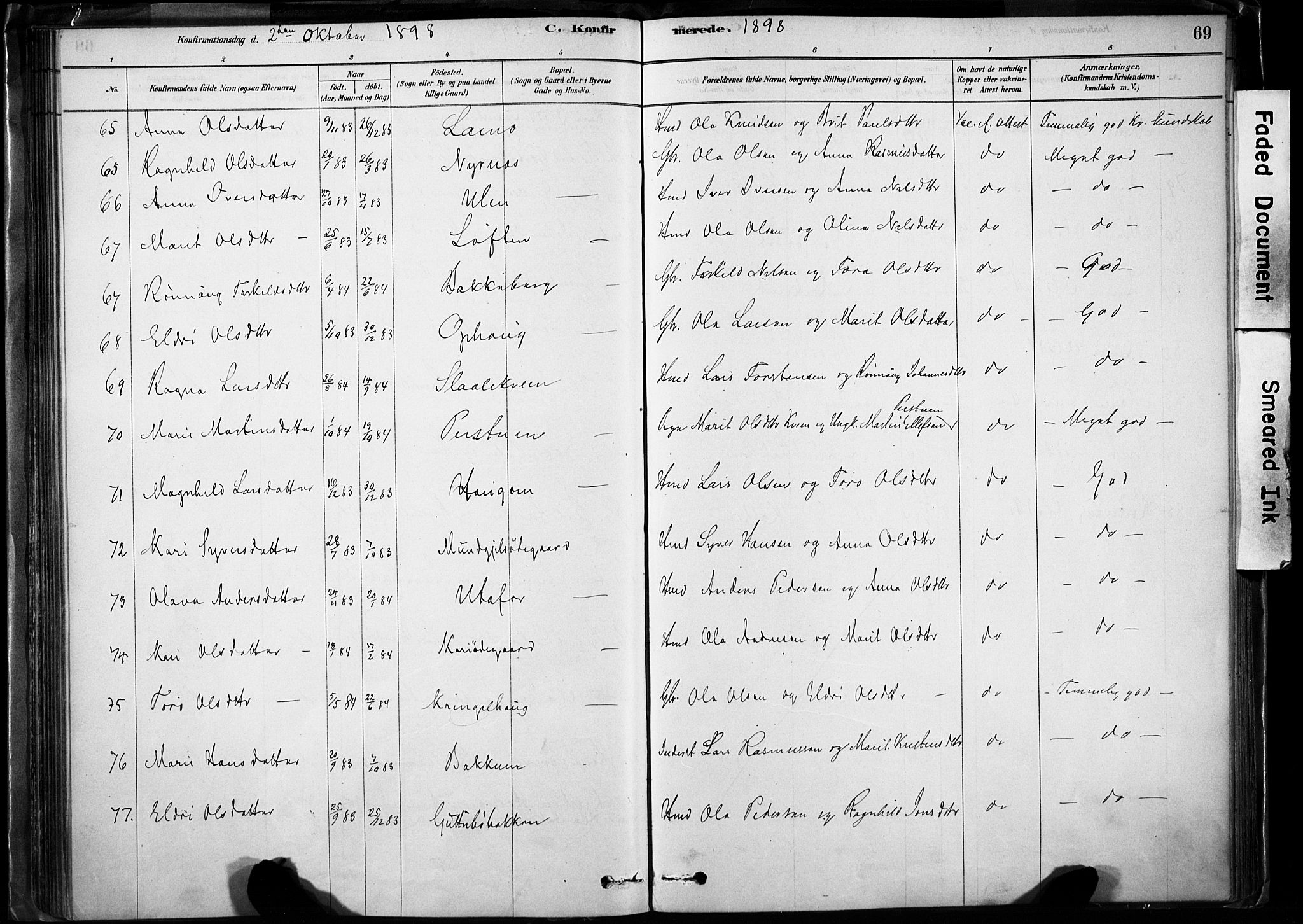 Lom prestekontor, SAH/PREST-070/K/L0009: Parish register (official) no. 9, 1878-1907, p. 69