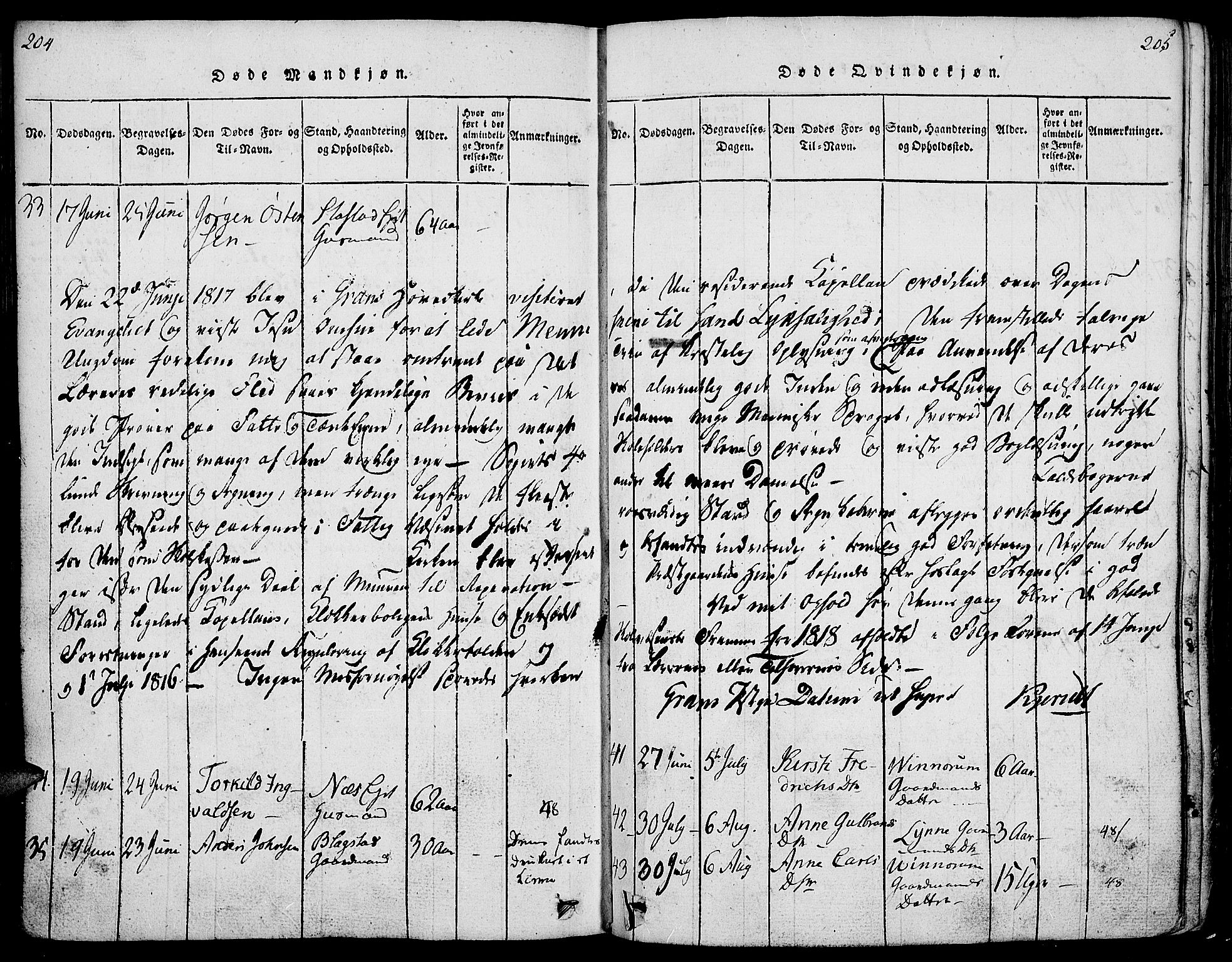 Gran prestekontor, SAH/PREST-112/H/Ha/Haa/L0009: Parish register (official) no. 9, 1815-1824, p. 204-205