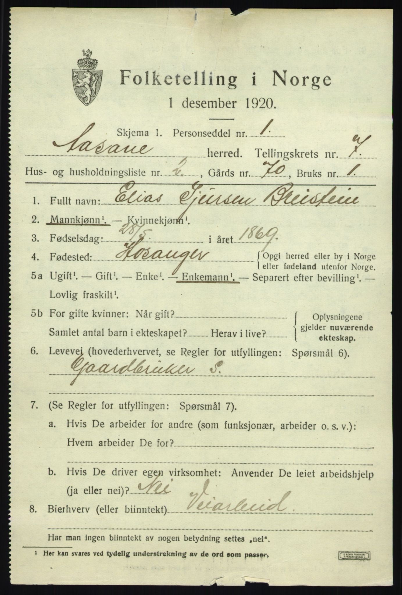 SAB, 1920 census for Åsane, 1920, p. 5105