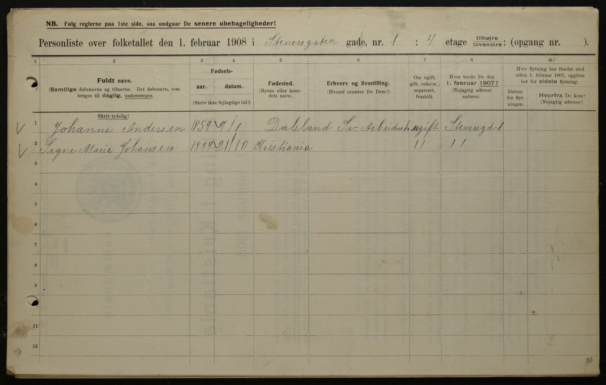 OBA, Municipal Census 1908 for Kristiania, 1908, p. 91152