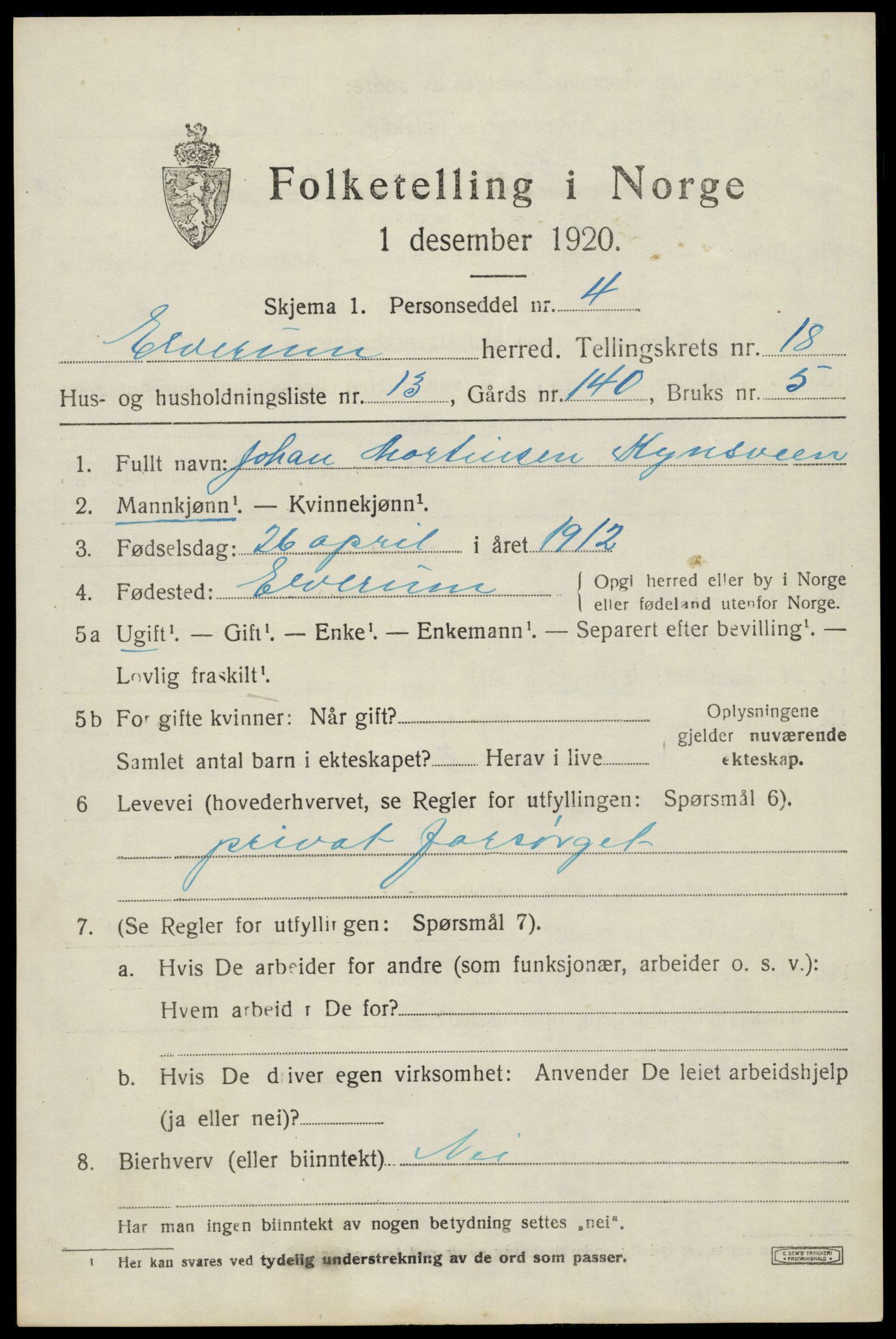 SAH, 1920 census for Elverum, 1920, p. 22218