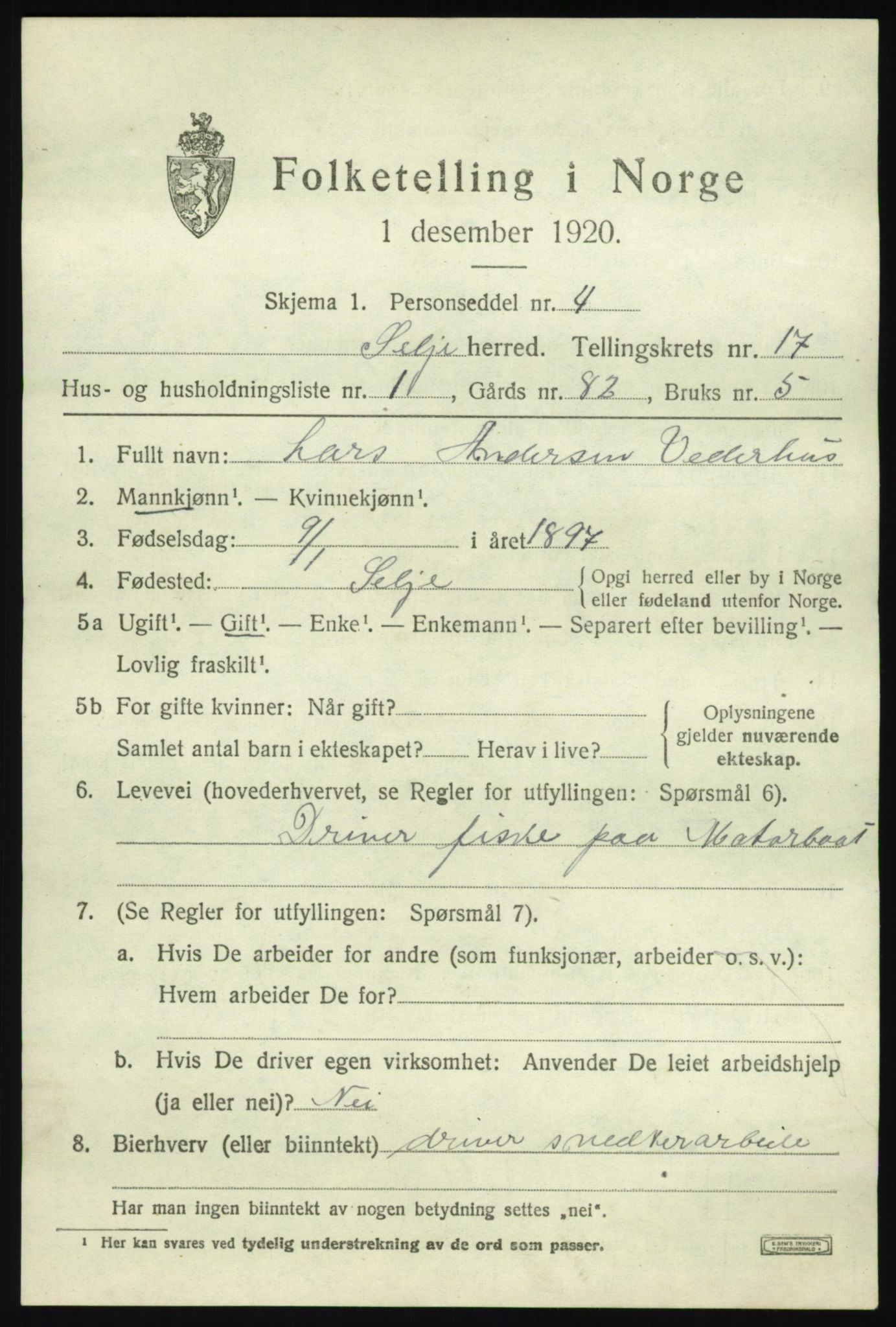 SAB, 1920 census for Selje, 1920, p. 7521