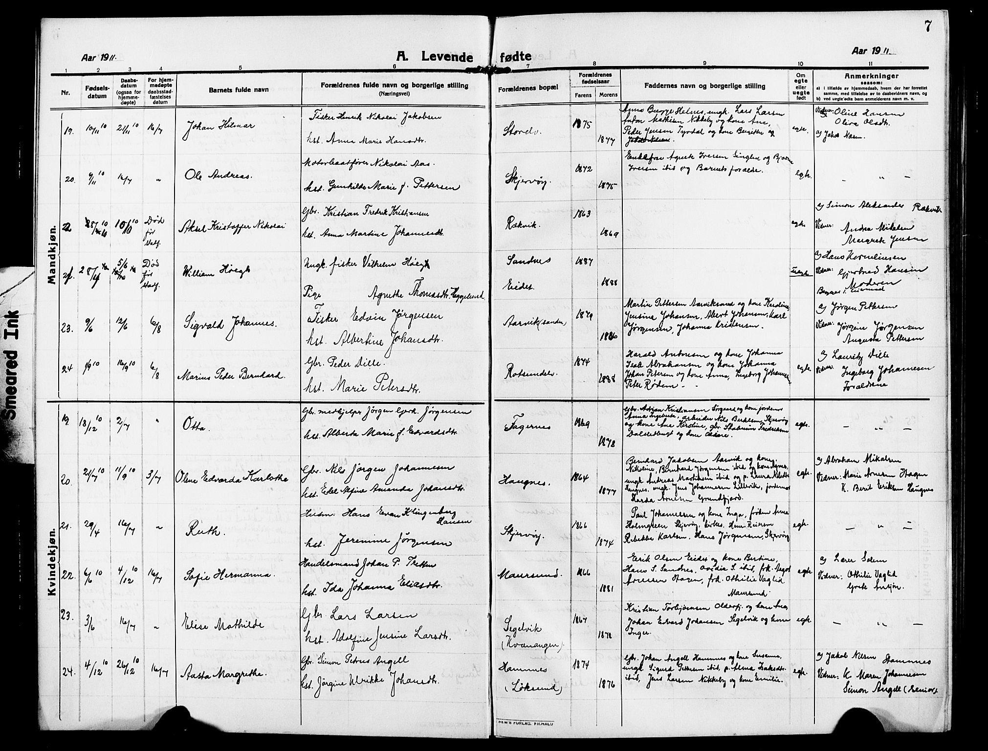 Skjervøy sokneprestkontor, AV/SATØ-S-1300/H/Ha/Hab/L0009klokker: Parish register (copy) no. 9, 1911-1926, p. 7