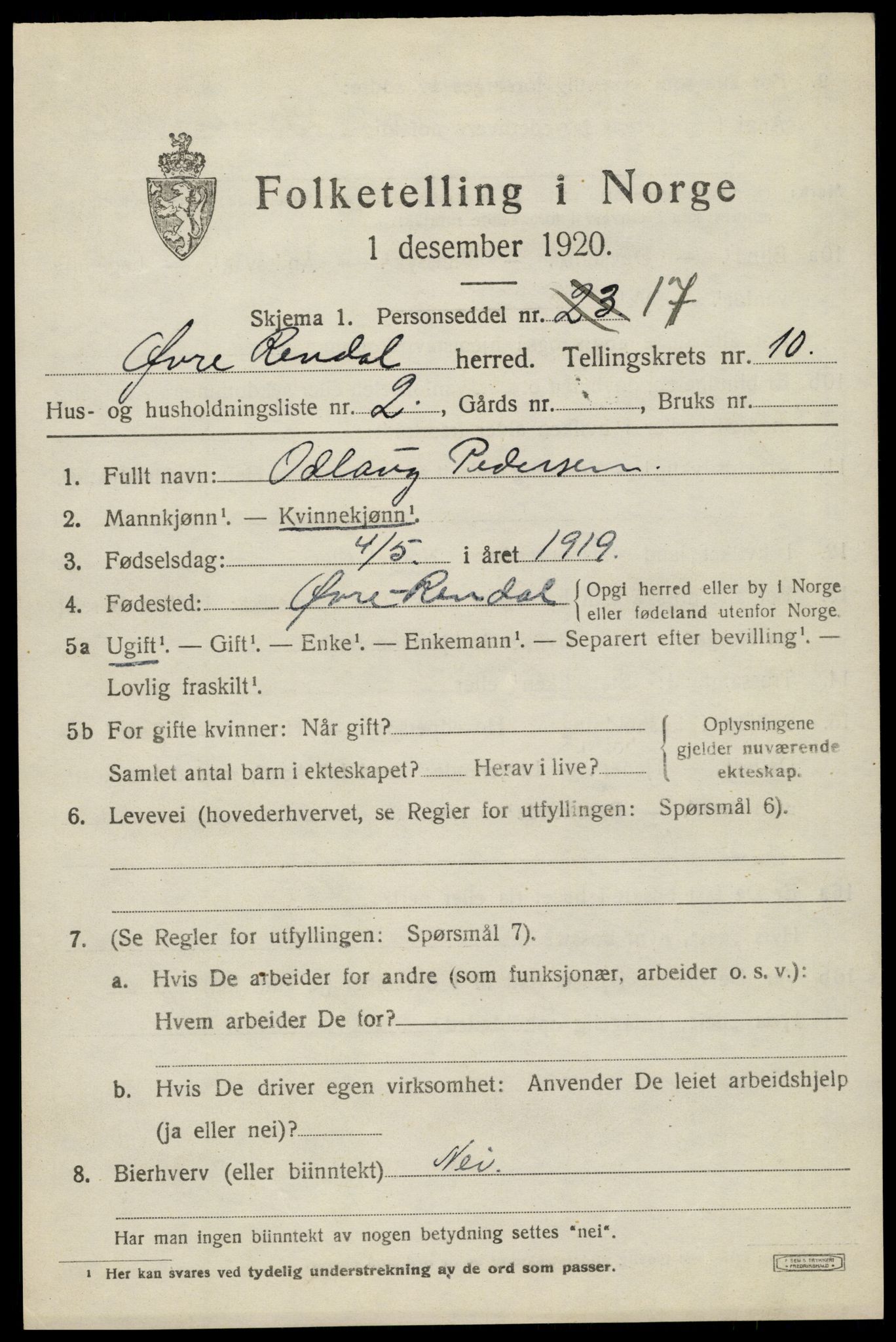 SAH, 1920 census for Øvre Rendal, 1920, p. 3875