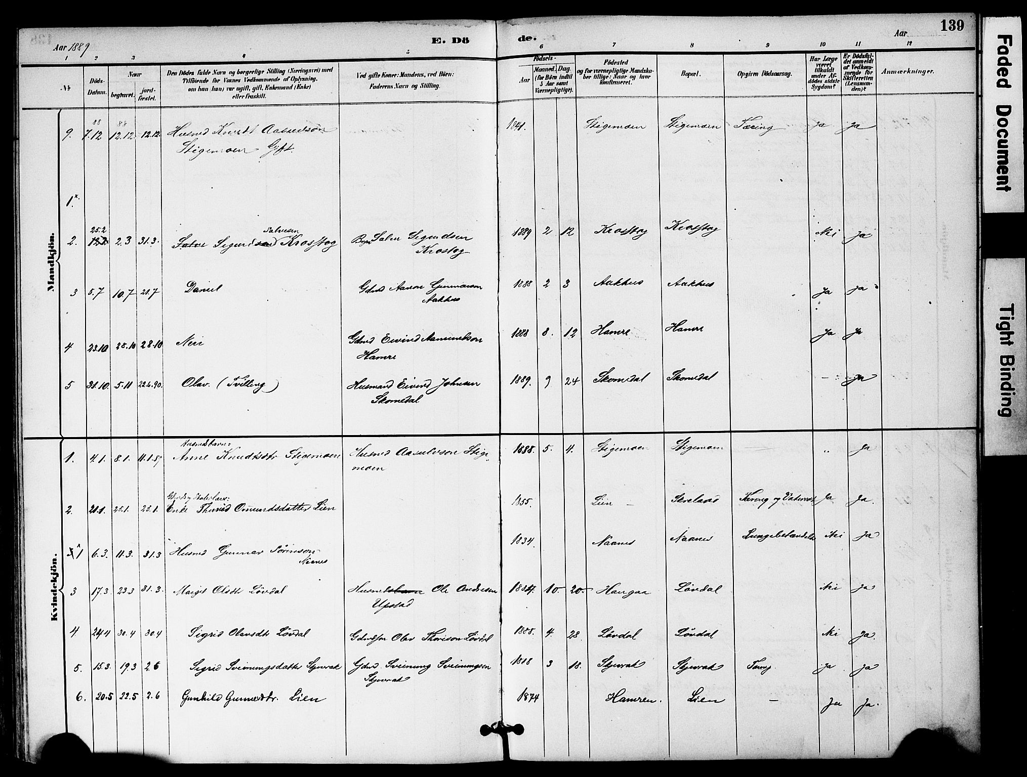 Bygland sokneprestkontor, AV/SAK-1111-0006/F/Fa/Fab/L0007: Parish register (official) no. A 7, 1885-1909, p. 139