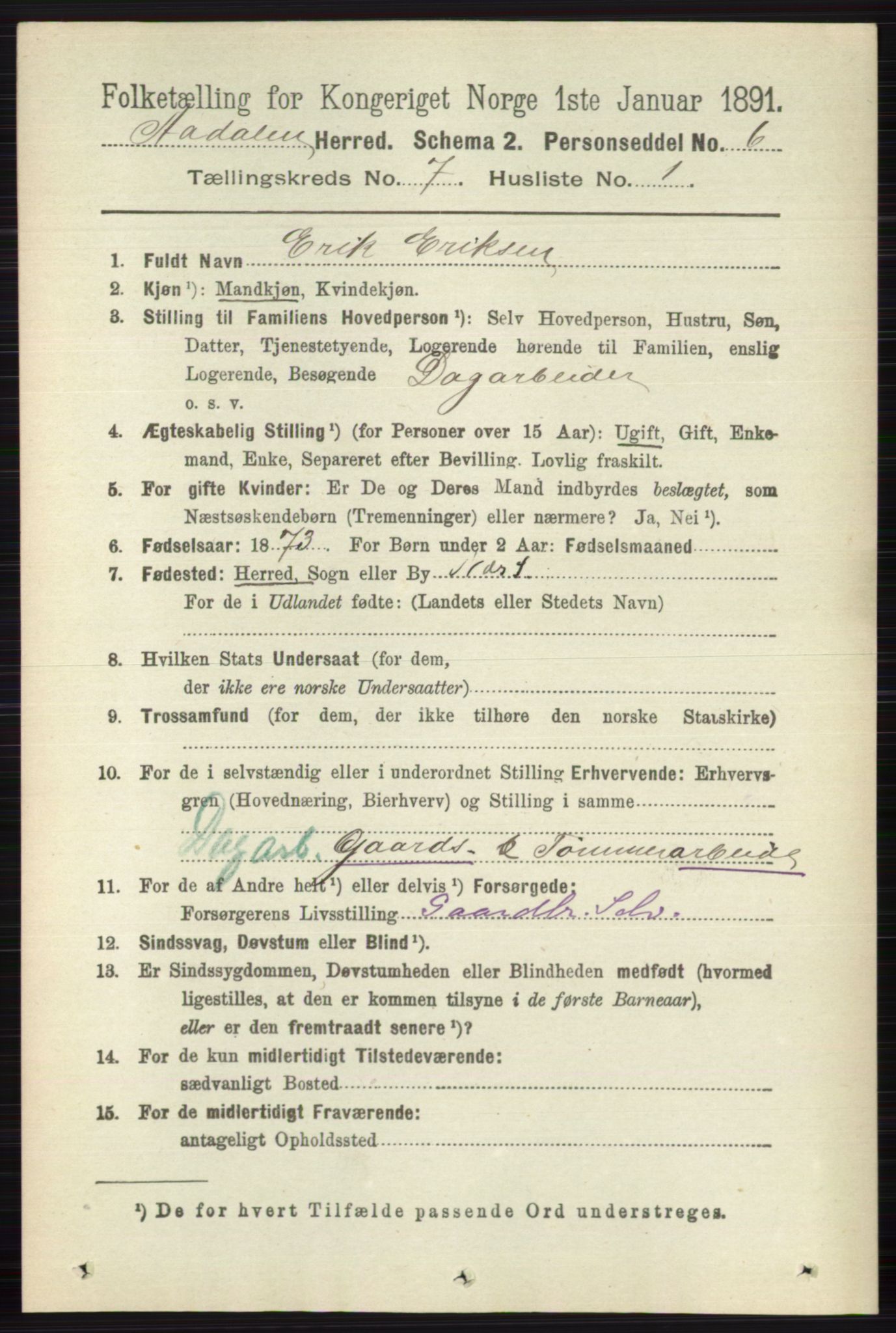 RA, 1891 census for 0614 Ådal, 1891, p. 3041