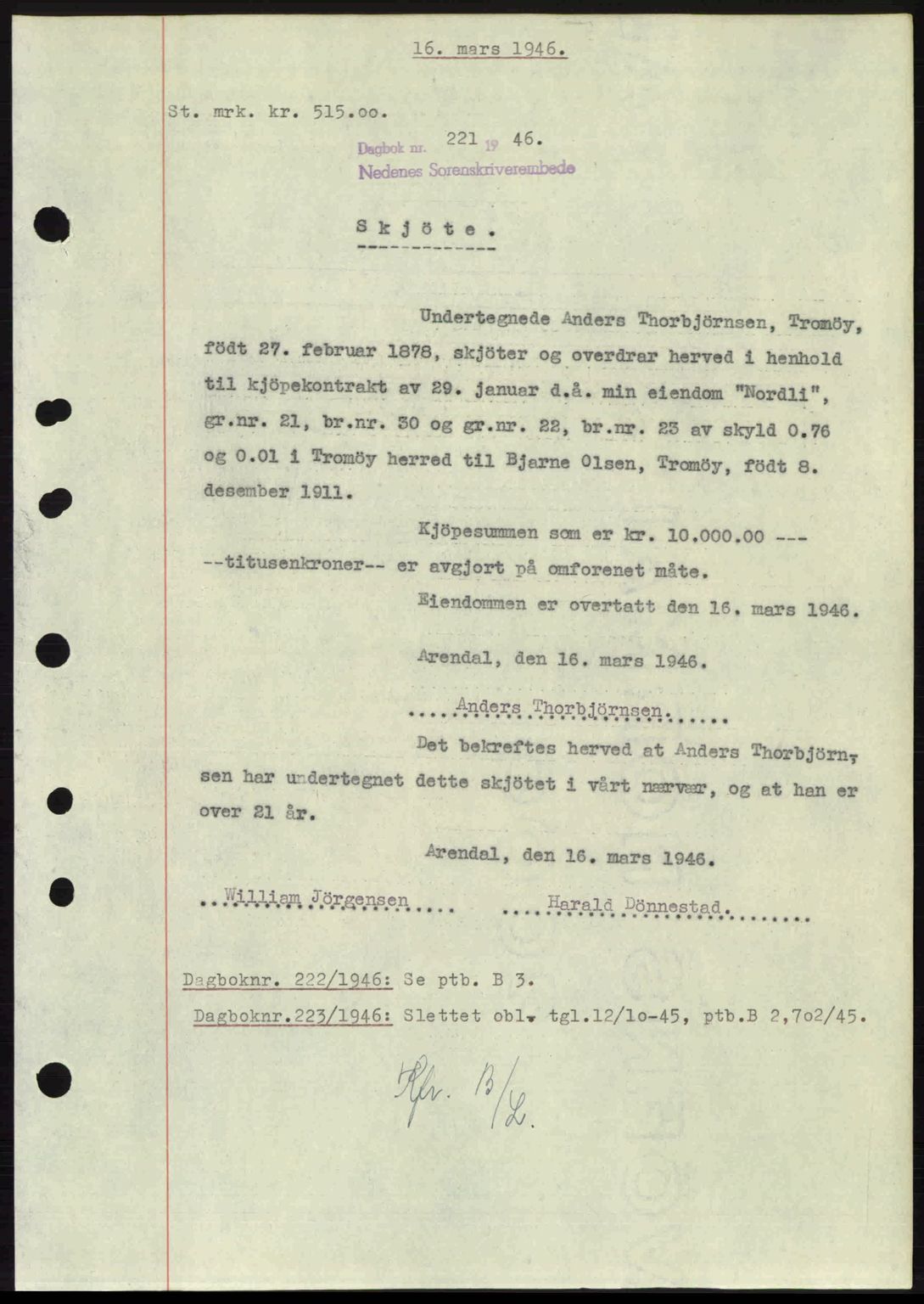 Nedenes sorenskriveri, SAK/1221-0006/G/Gb/Gba/L0054: Mortgage book no. A6c, 1946-1946, Diary no: : 221/1946