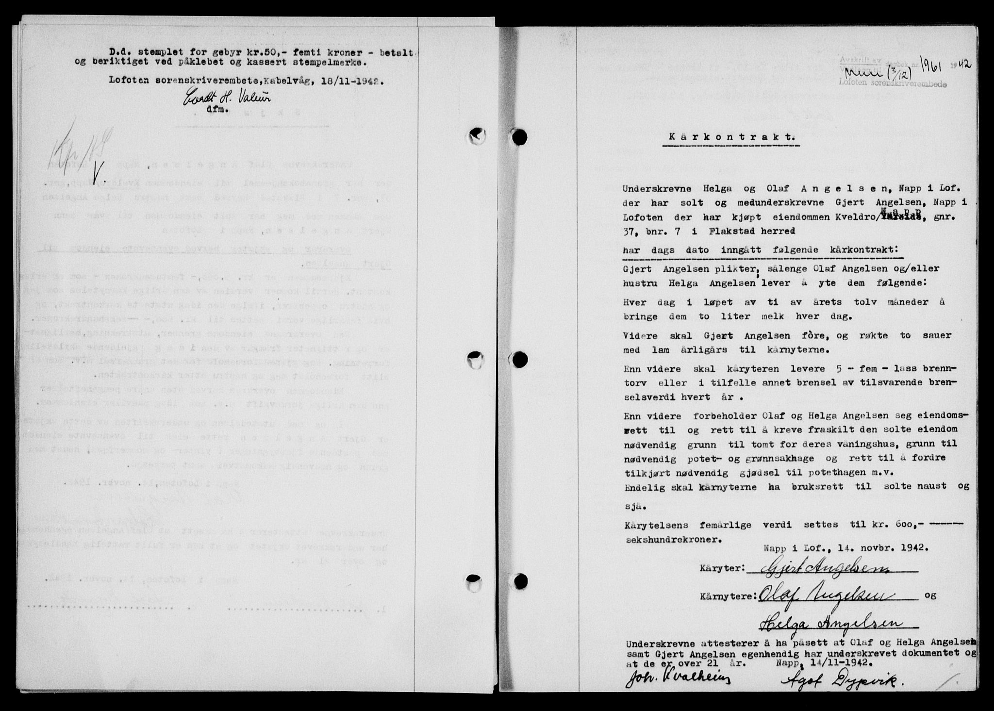 Lofoten sorenskriveri, SAT/A-0017/1/2/2C/L0010a: Mortgage book no. 10a, 1942-1943, Diary no: : 1961/1942