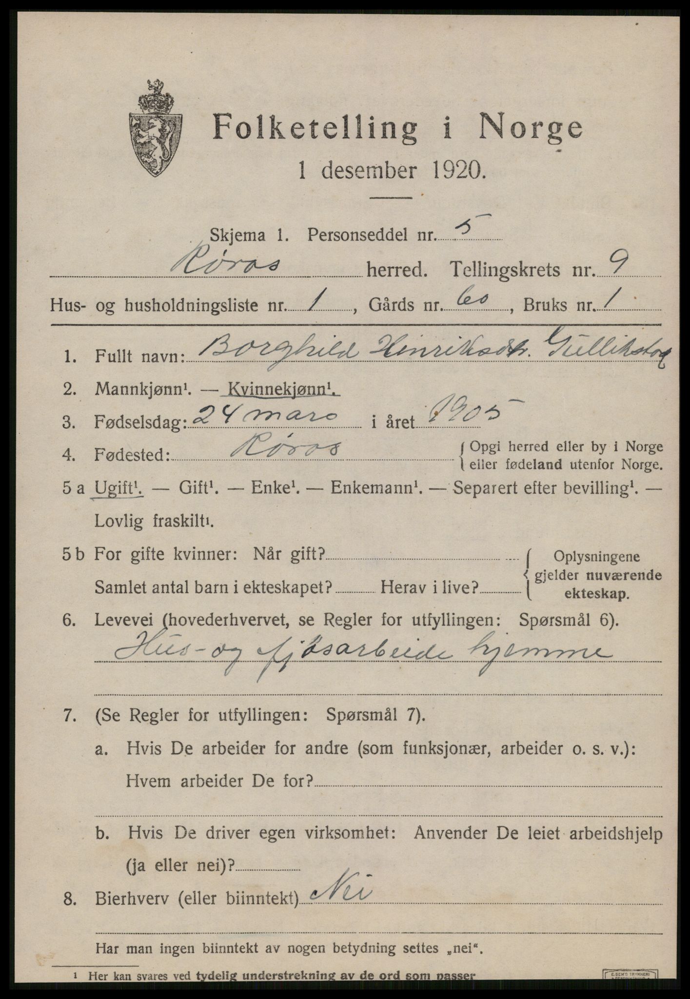 SAT, 1920 census for Røros, 1920, p. 7696