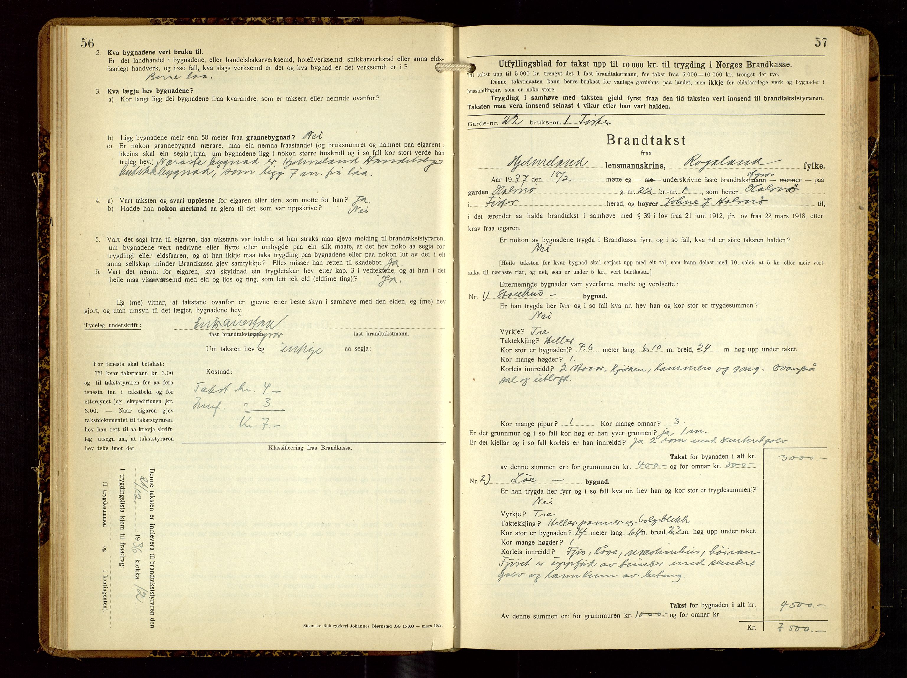 Hjelmeland lensmannskontor, AV/SAST-A-100439/Gob/L0003: "Brandtakstbok", 1932-1950, p. 56-57