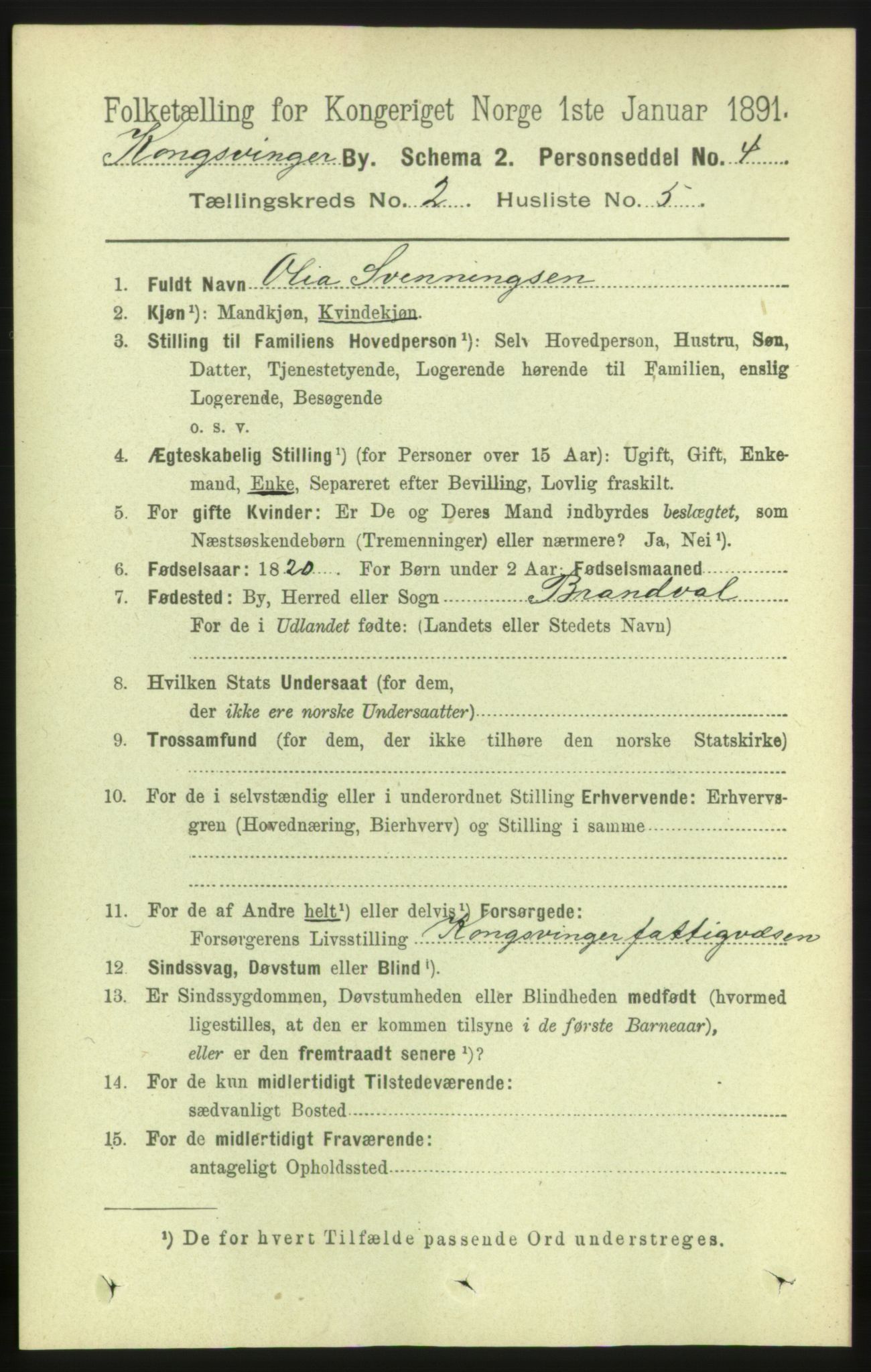 RA, 1891 census for 0402 Kongsvinger, 1891, p. 826