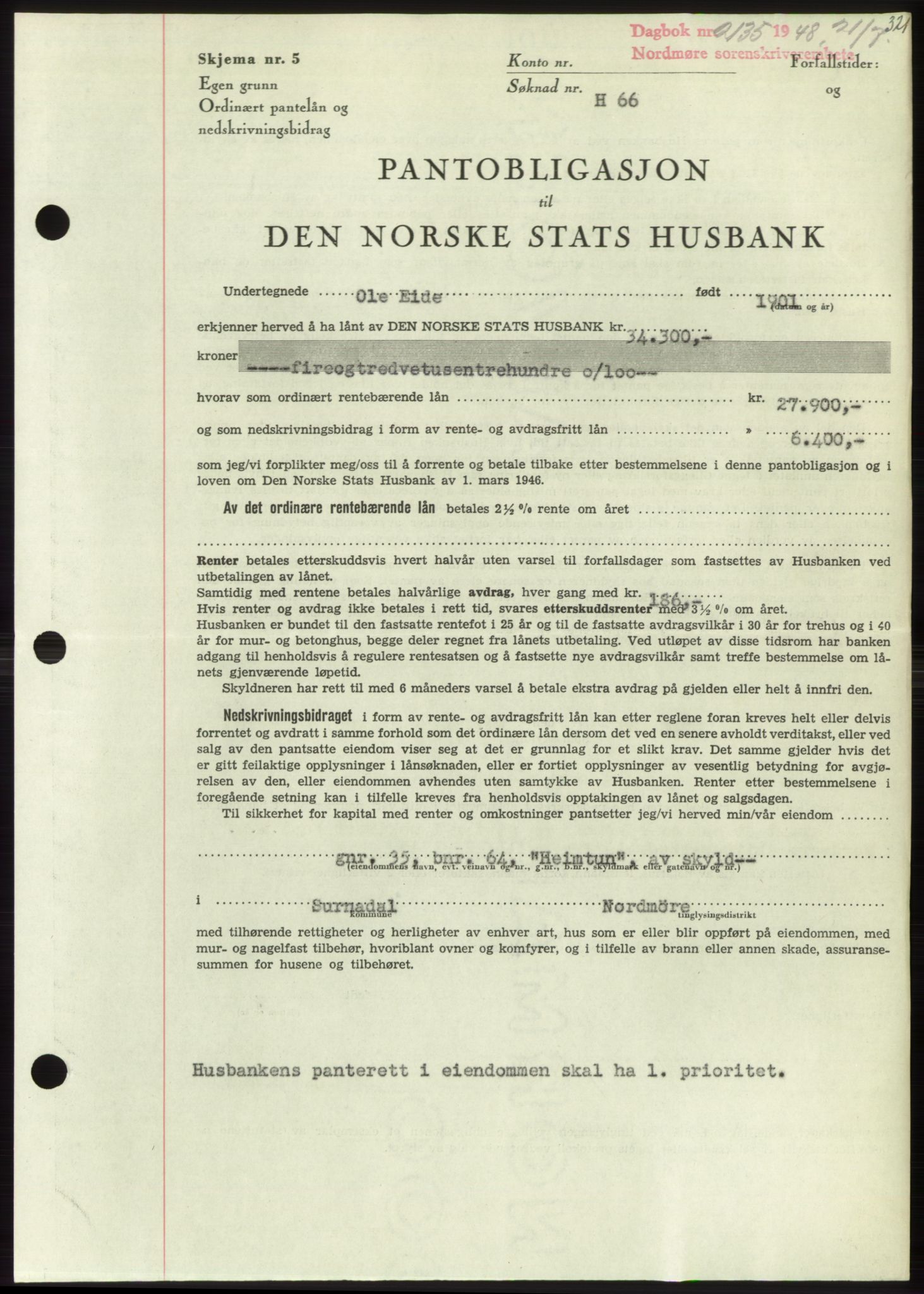 Nordmøre sorenskriveri, AV/SAT-A-4132/1/2/2Ca: Mortgage book no. B99, 1948-1948, Diary no: : 2135/1948