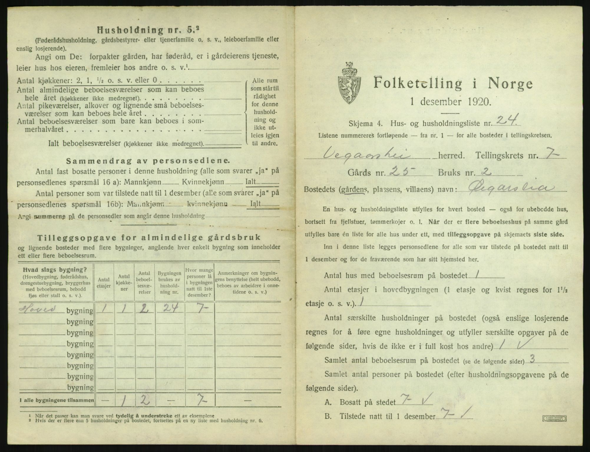 SAK, 1920 census for Vegårshei, 1920, p. 412